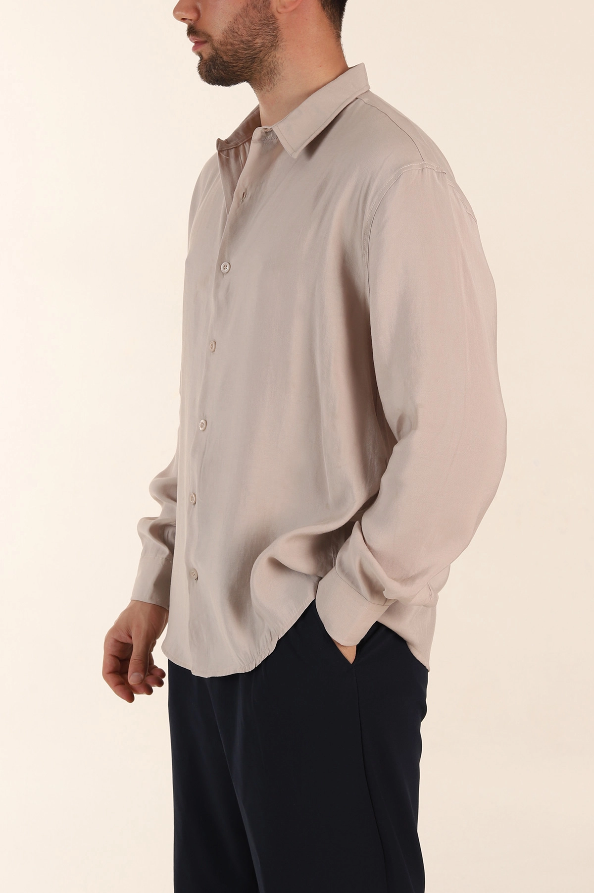 Bej Relaxed Fit Modal Kumaş Uzun Kollu Erkek Gömlek 368659