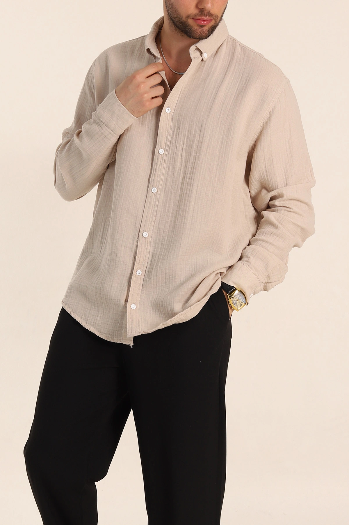 Bej Relaxed Fit Müslin Keten Ata Yaka Erkek Gömlek 339154
