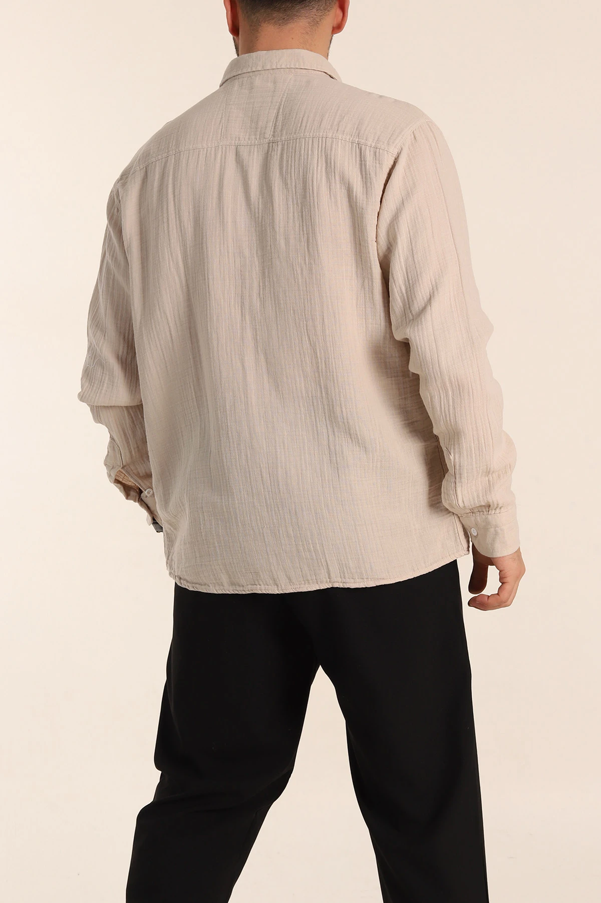 Bej Relaxed Fit Müslin Keten Ata Yaka Erkek Gömlek 339154