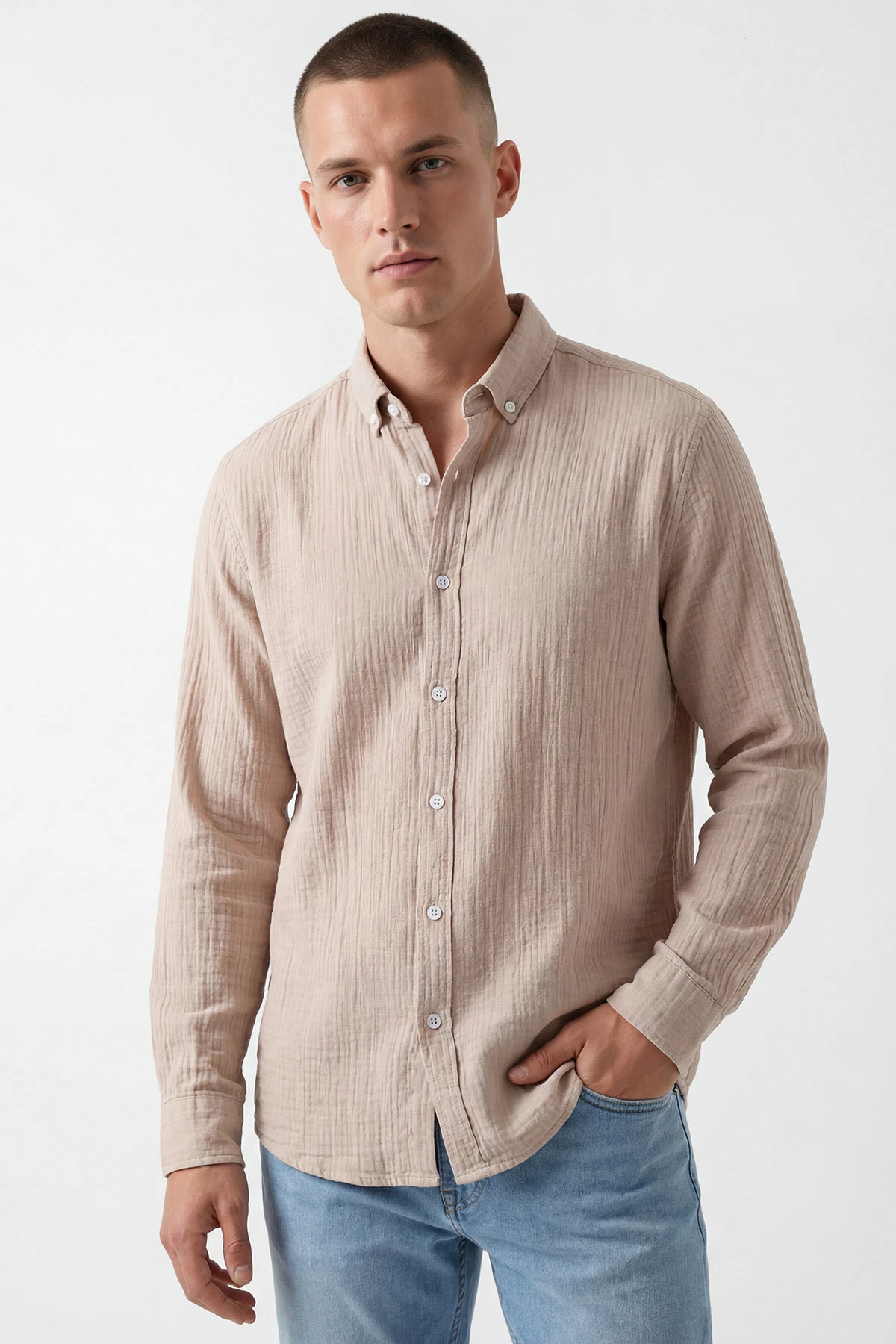 Bej Relaxed Fit Müslin Keten Ata Yaka Erkek Gömlek 435747