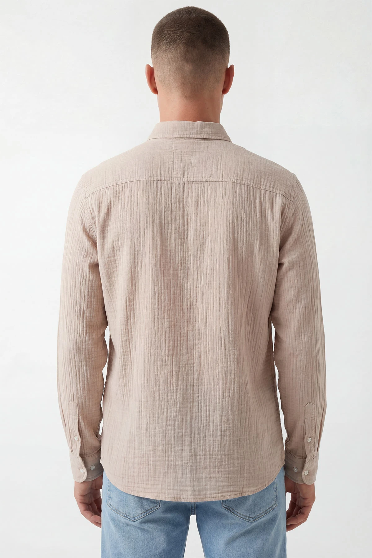 Bej Relaxed Fit Müslin Keten Ata Yaka Erkek Gömlek 435747