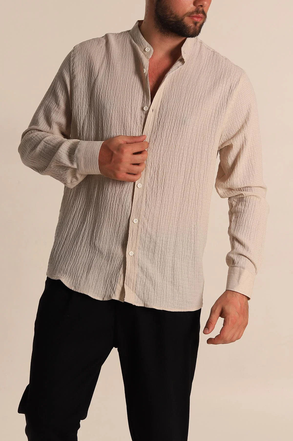 Bej Relaxed Fit Müslin Kumaş Hakim Erkek Gömlek 275667