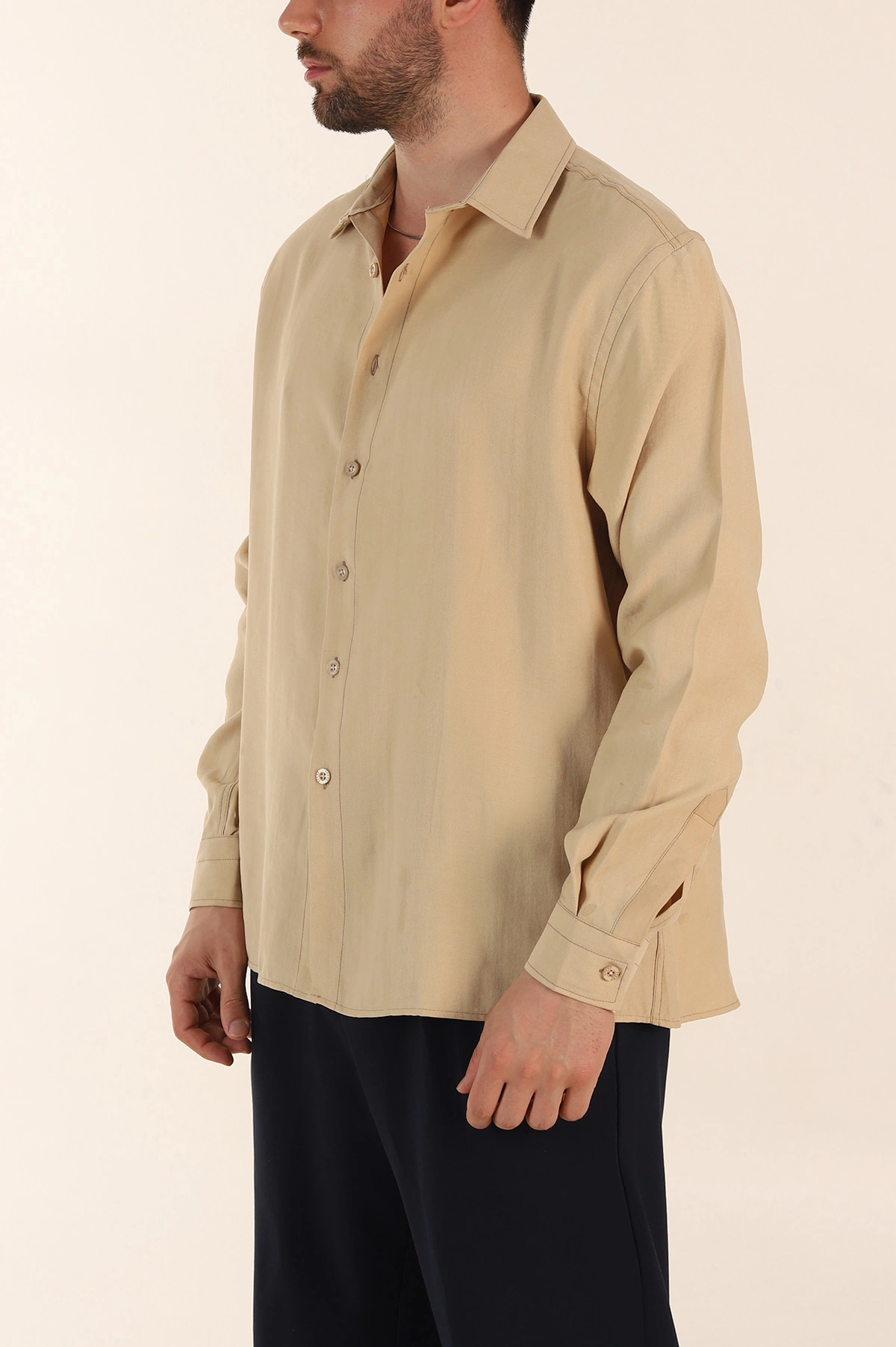 Bej Relaxed Fit Nefes Alan Lyocell Kumaş Uzun Kollu Erkek Gömlek 368616