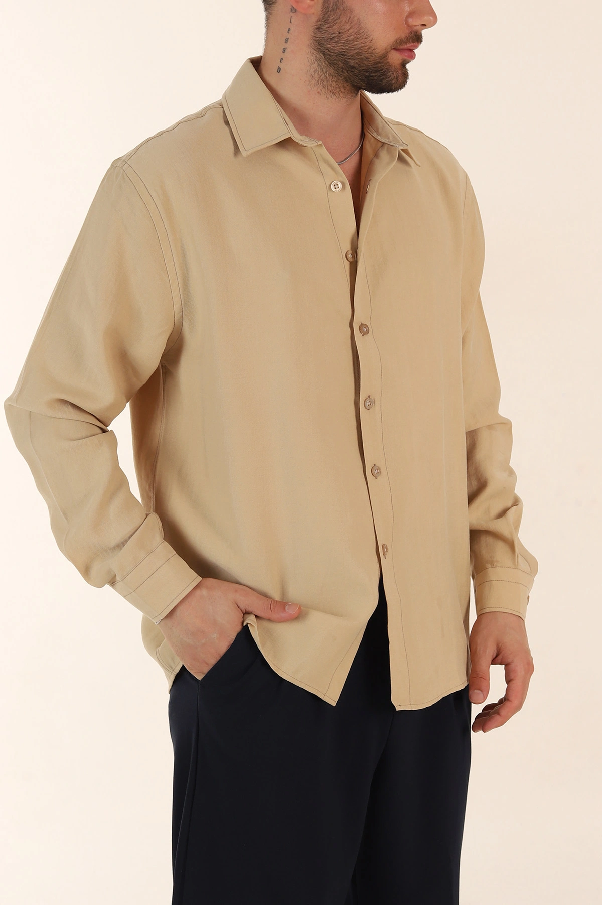Bej Relaxed Fit Nefes Alan Lyocell Kumaş Uzun Kollu Erkek Gömlek 368616