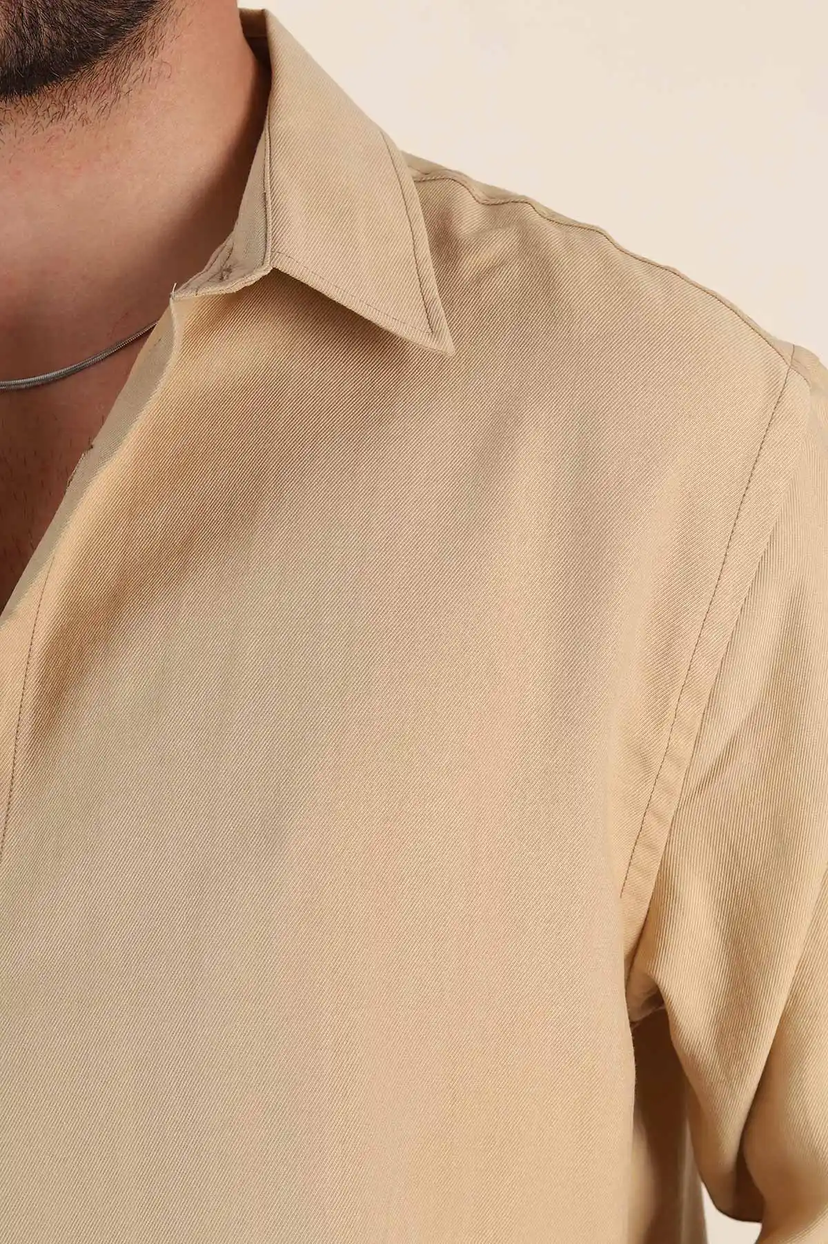 Bej Relaxed Fit Nefes Alan Lyocell Kumaş Uzun Kollu Erkek Gömlek 368616