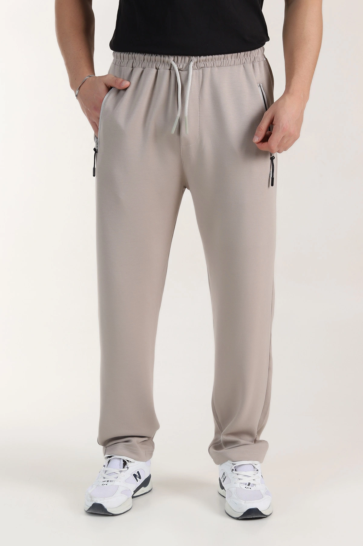 Bej Relaxed Fit Oysho Kumaş Fermuarlı Cepli Erkek Eşofman Altı 402204
