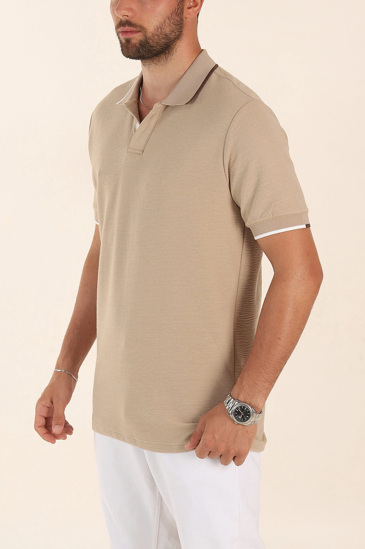 Bej Relaxed Fit Patlı Polo Yaka Erkek Tişört 373093
