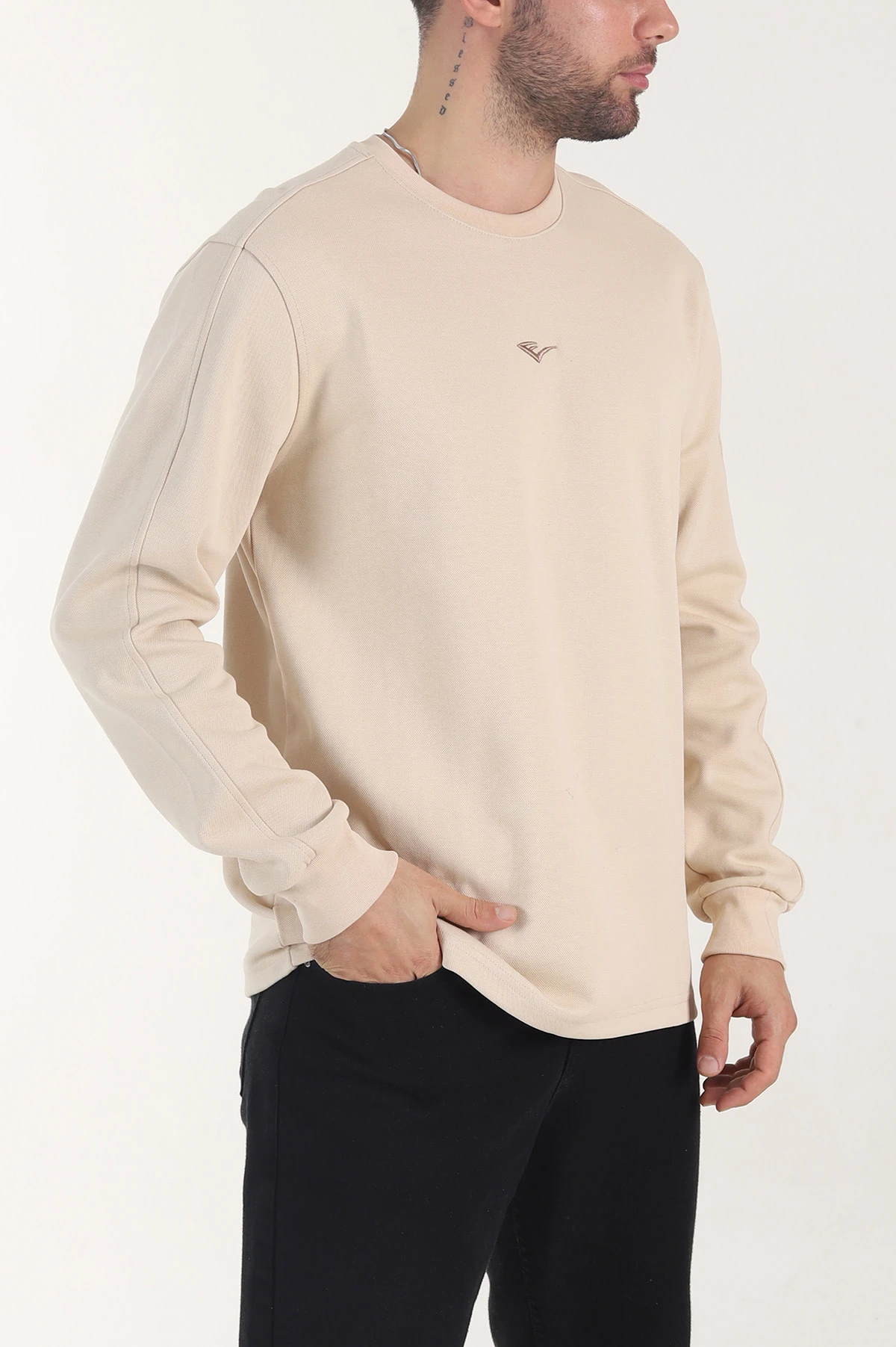 Bej Relaxed Fit Pike Dokulu Nakış Detaylı Erkek Sweatshirt 408288