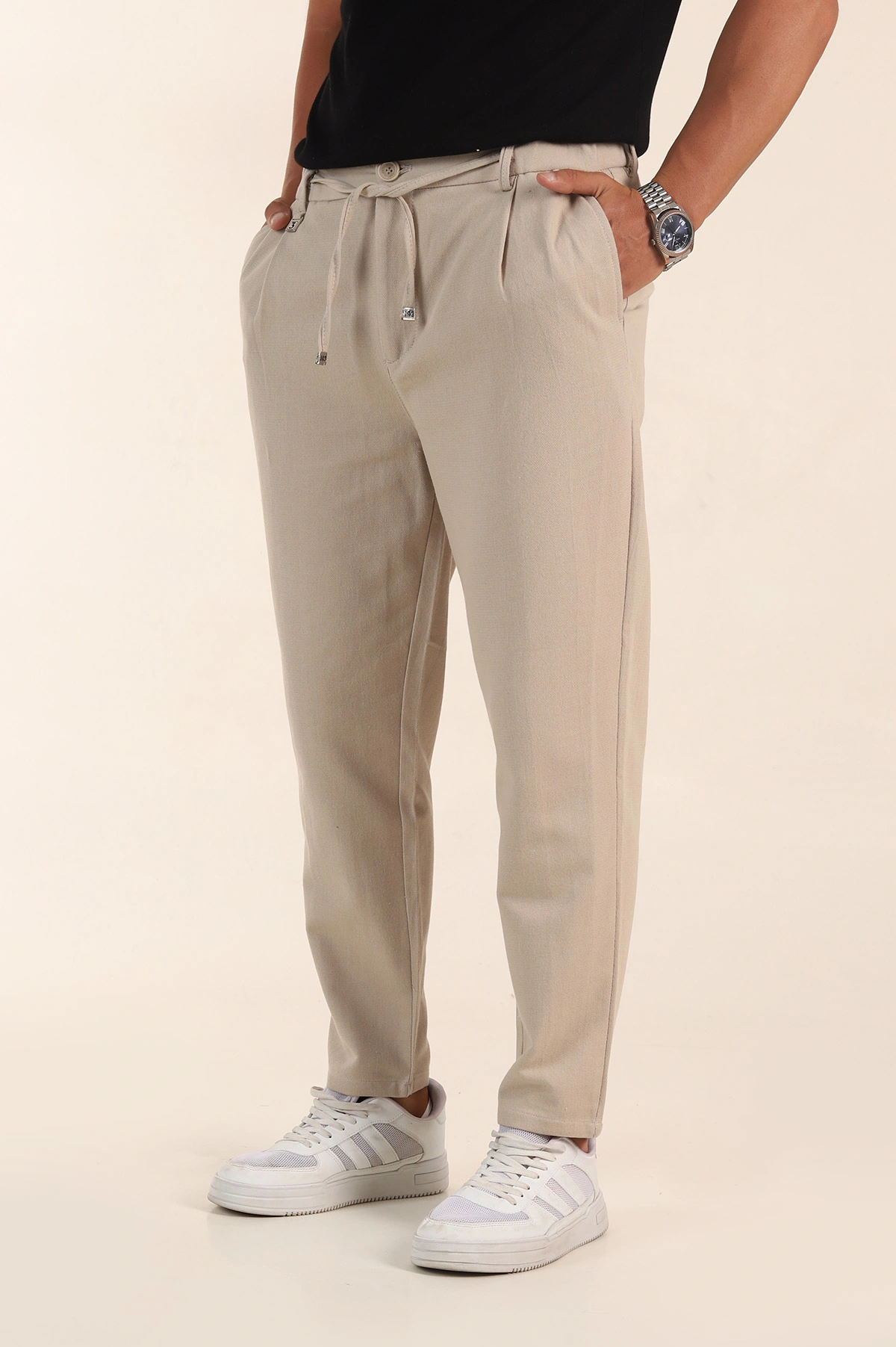 Bej Relaxed Fit Pile Detaylı Bel Arkası Lastikli Erkek Pantolon 380902