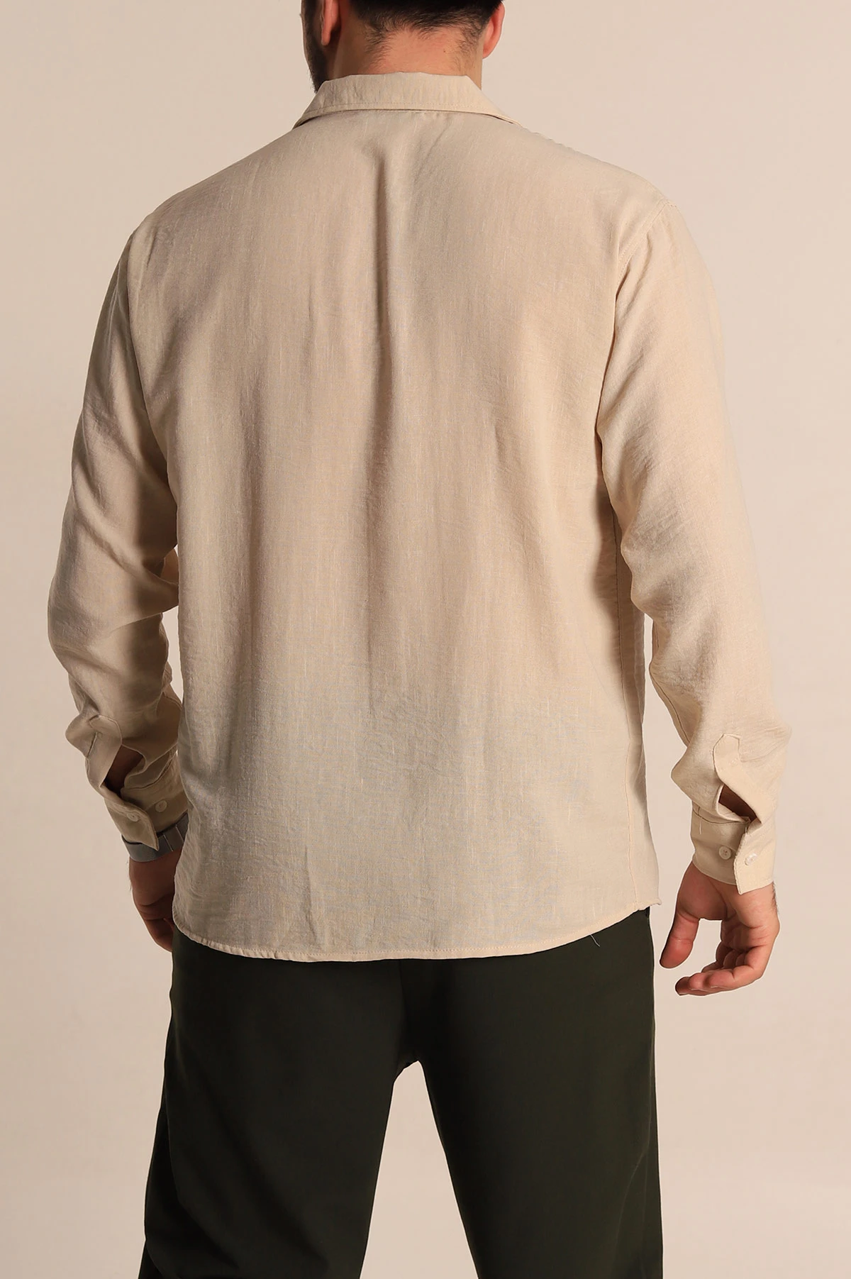 Bej Relaxed Fit Uzun Kollu Keten Erkek Gömlek 275525