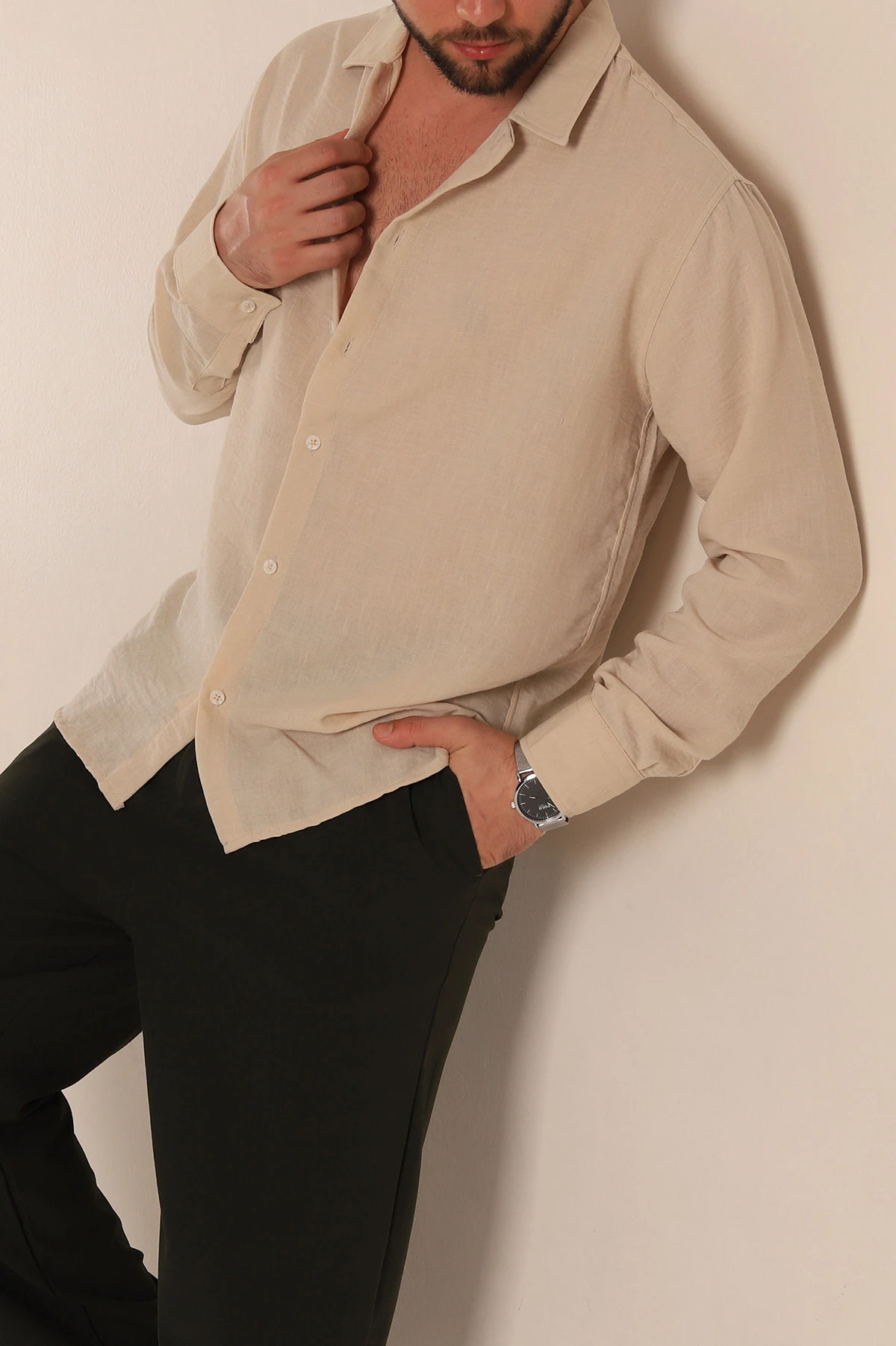 Bej Relaxed Fit Uzun Kollu Keten Erkek Gömlek 275525