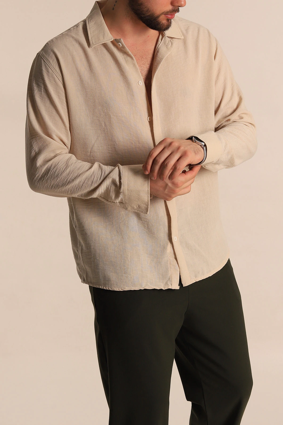 Bej Relaxed Fit Uzun Kollu Keten Erkek Gömlek 275525
