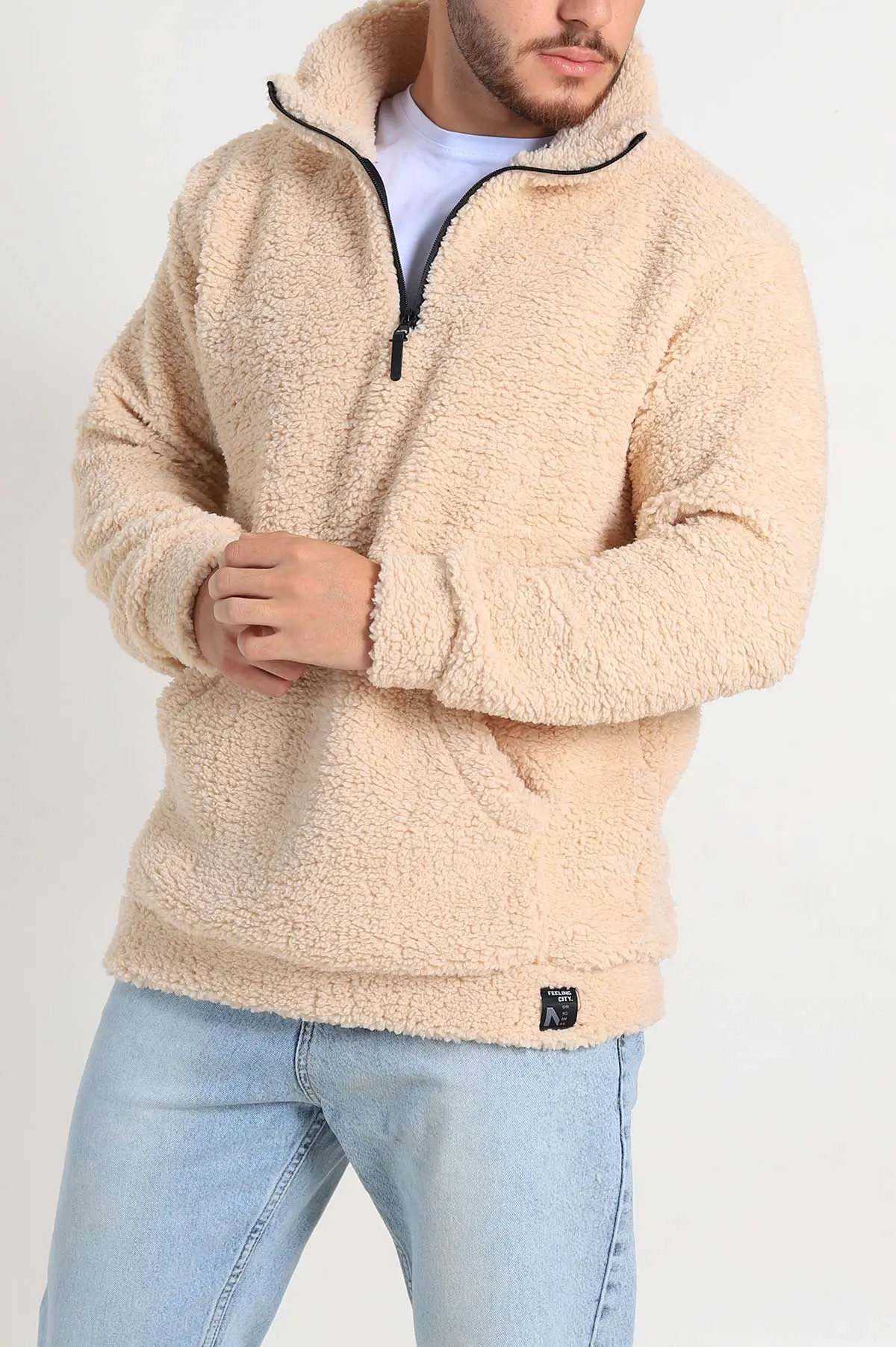 Bej Relaxed Fit Yarım Fermuarlı Cep Detaylı Peluş Kanguru Sweatshirt 308908
