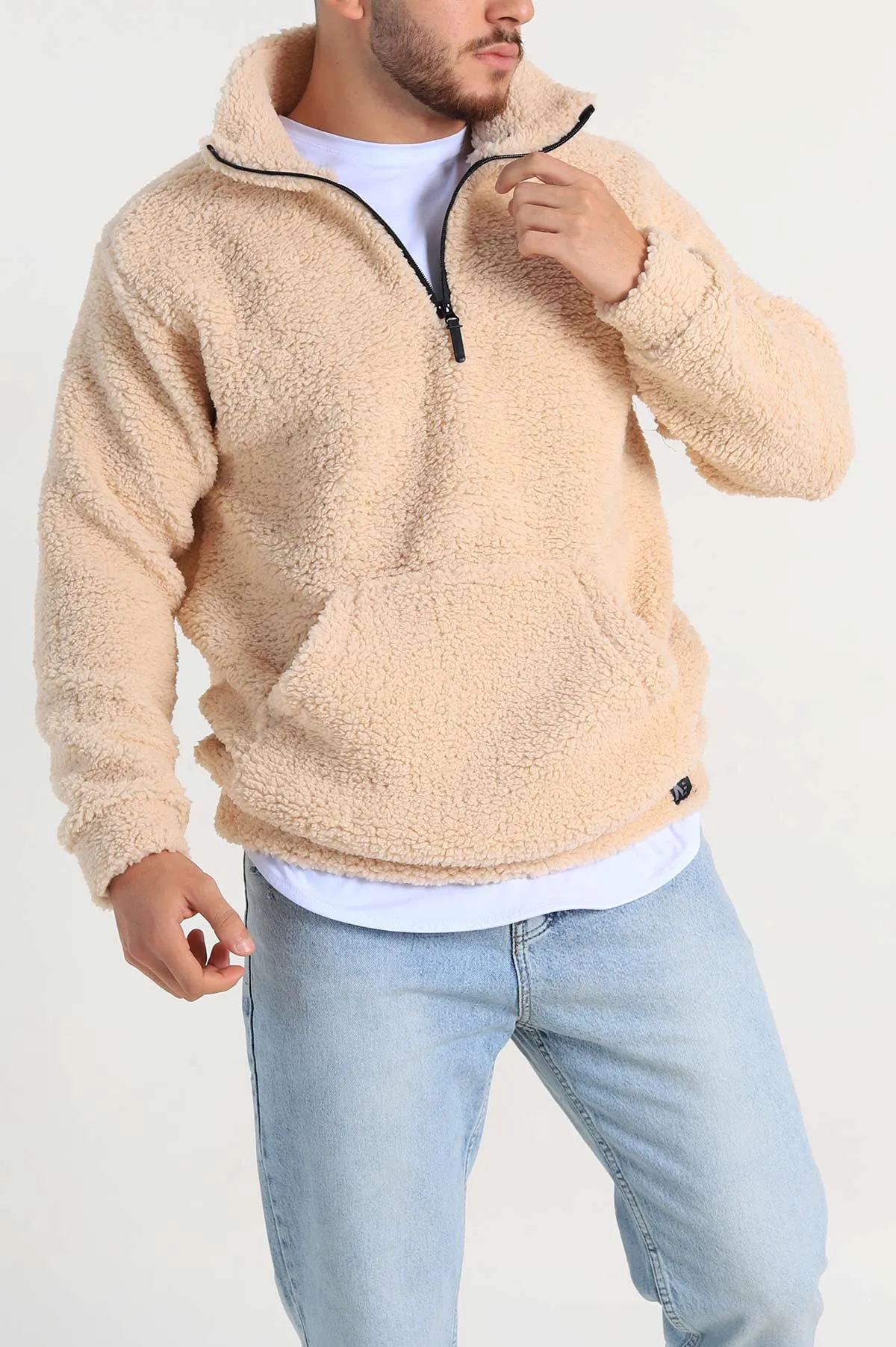 Bej Relaxed Fit Yarım Fermuarlı Cep Detaylı Peluş Kanguru Sweatshirt 308908