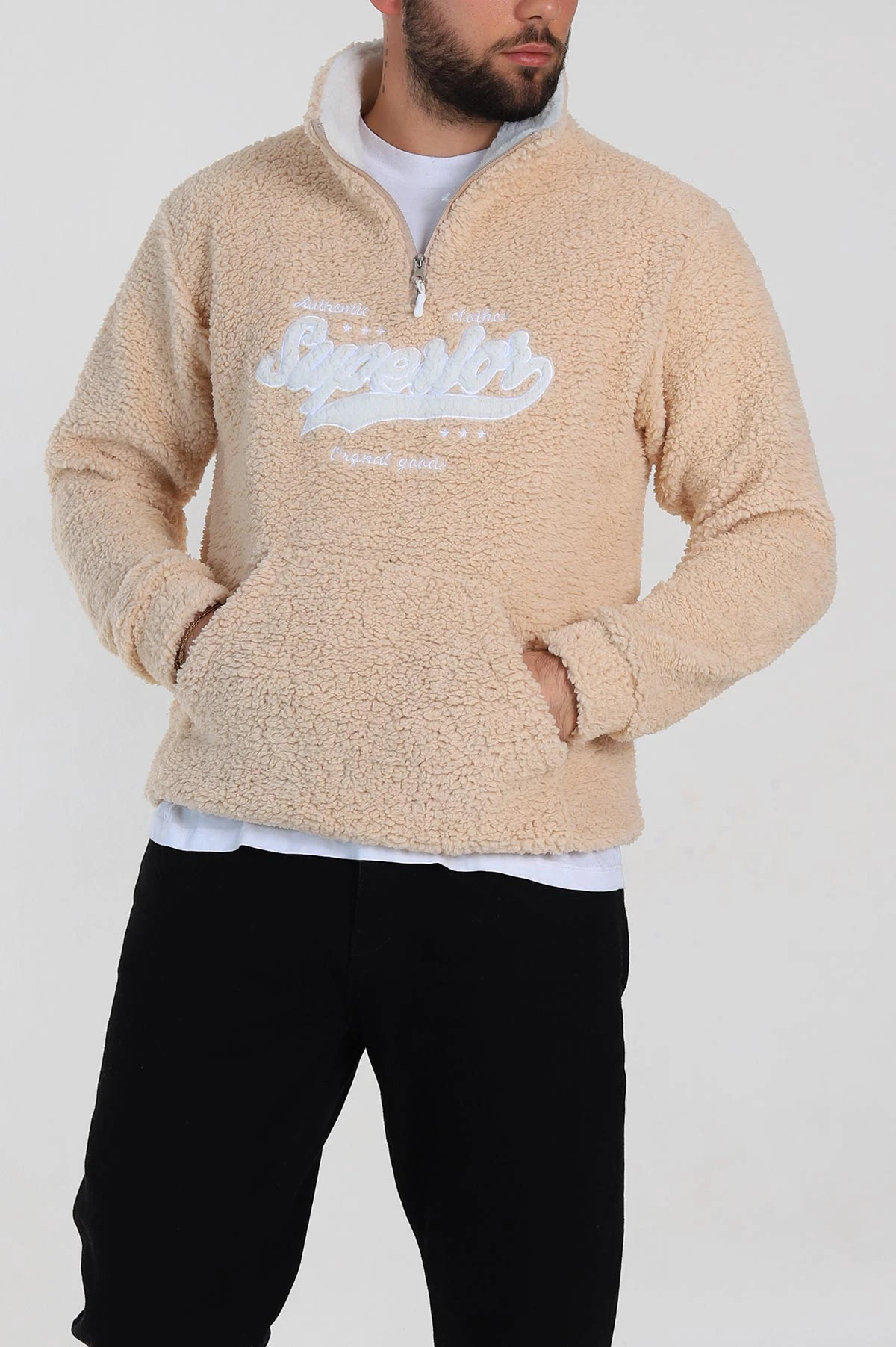 Bej Relaxed Fit Yazı Detaylı Yarım Fermuarlı Peluş Kanguru Sweatshirt 314247