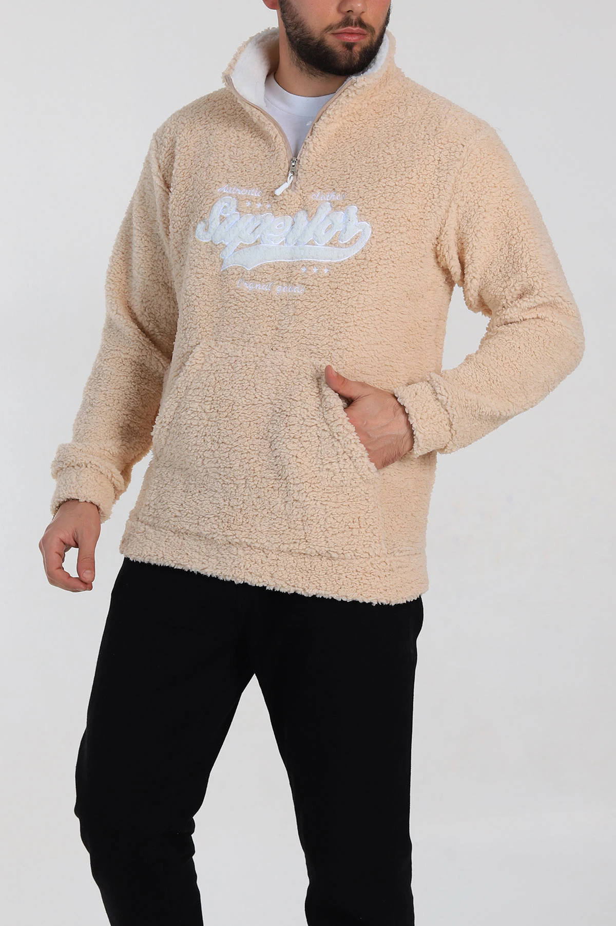 Bej Relaxed Fit Yazı Detaylı Yarım Fermuarlı Peluş Kanguru Sweatshirt 314247