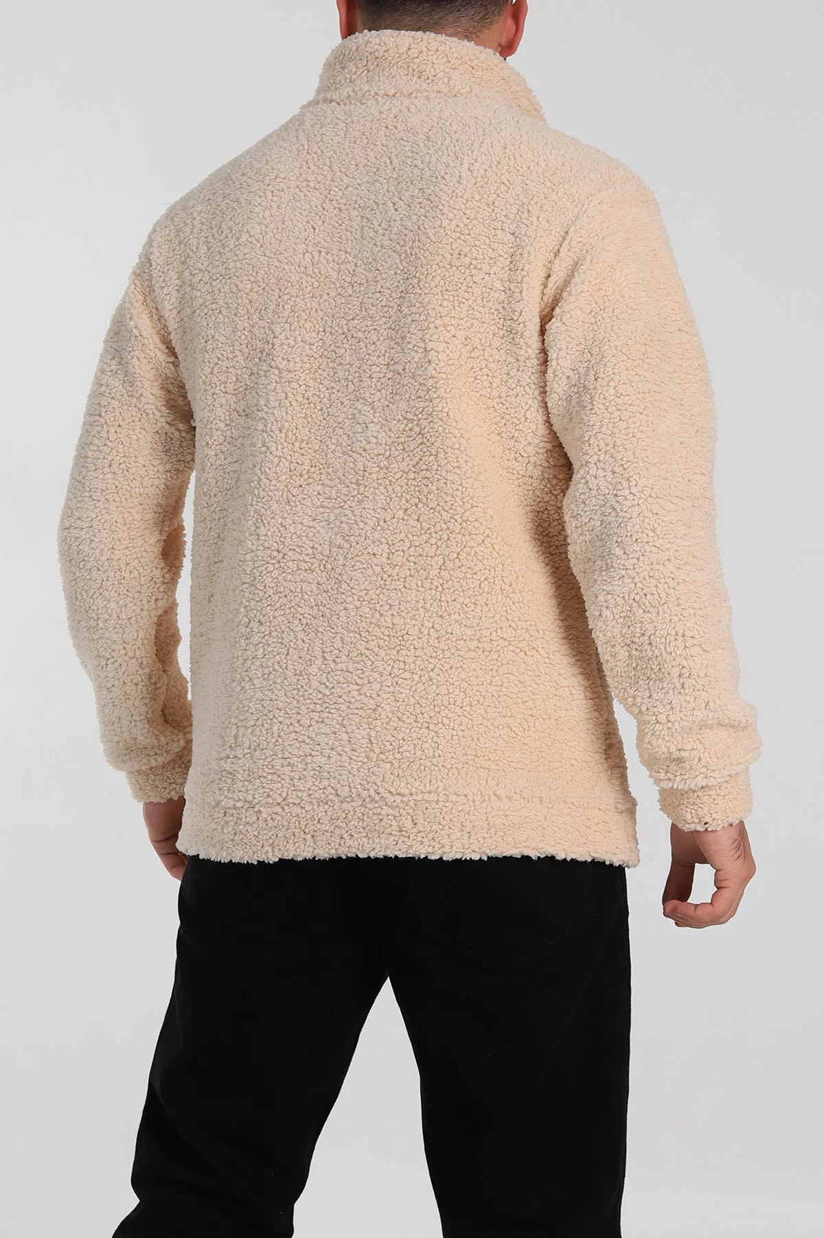 Bej Relaxed Fit Yazı Detaylı Yarım Fermuarlı Peluş Kanguru Sweatshirt 314247