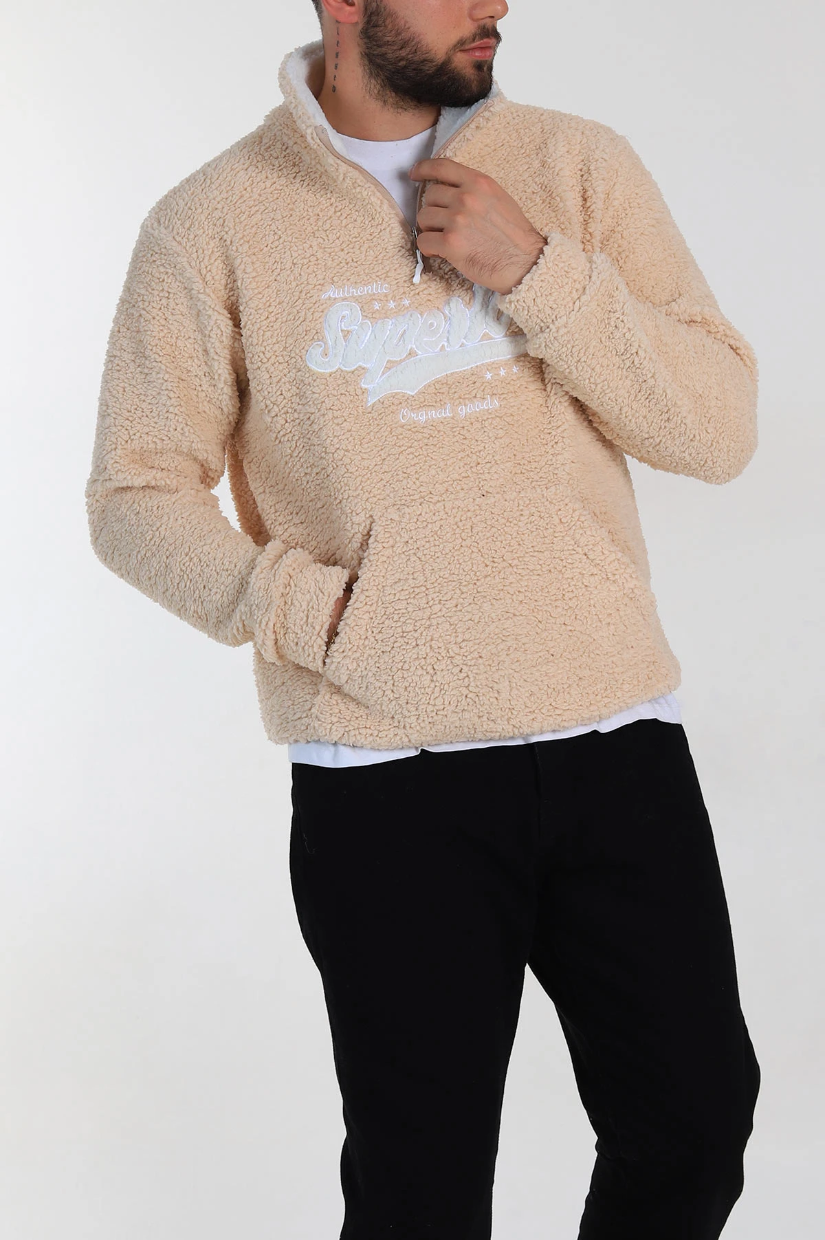 Bej Relaxed Fit Yazı Detaylı Yarım Fermuarlı Peluş Kanguru Sweatshirt 314247