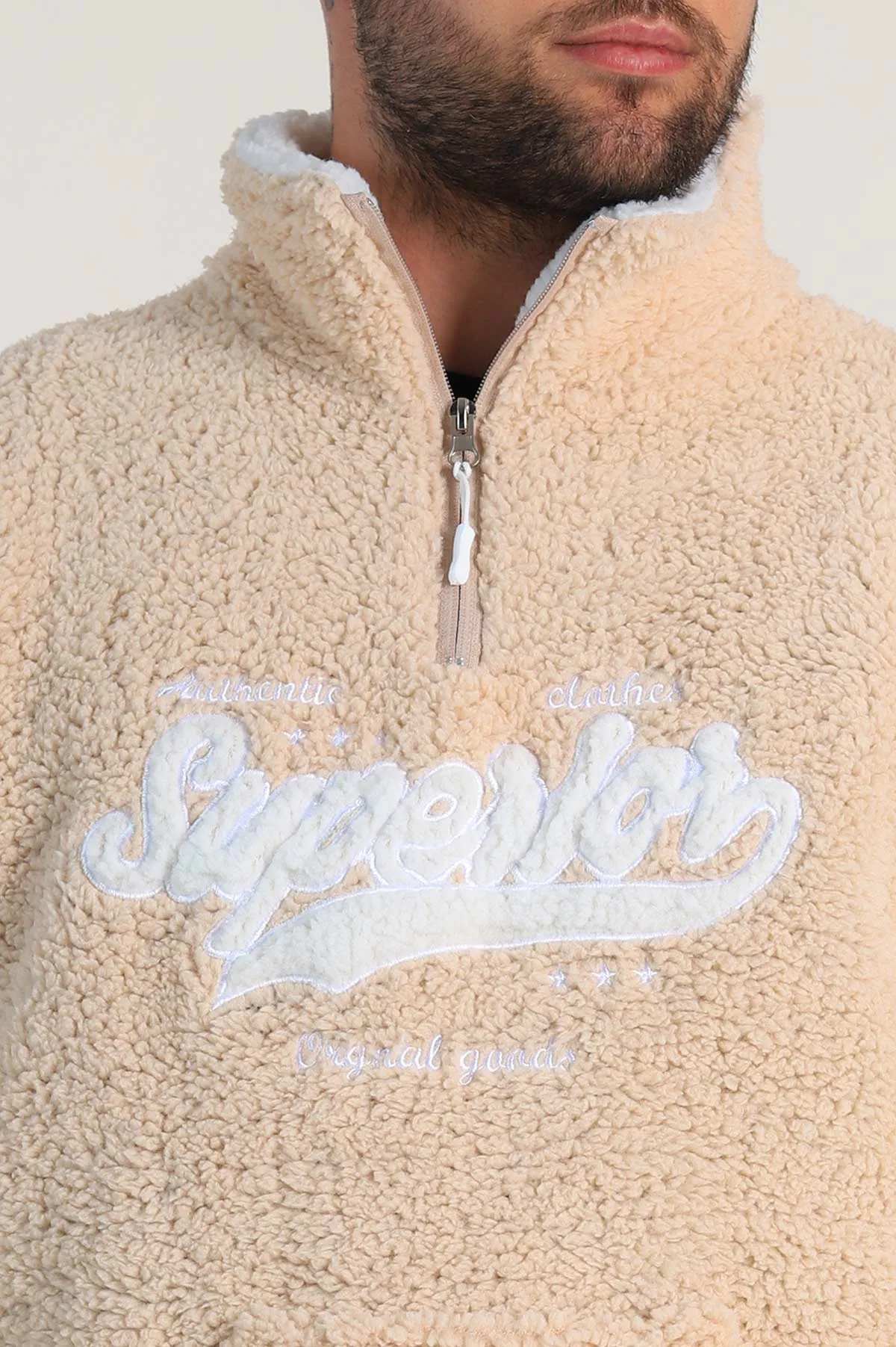 Bej Relaxed Fit Yazı Detaylı Yarım Fermuarlı Peluş Kanguru Sweatshirt 314247