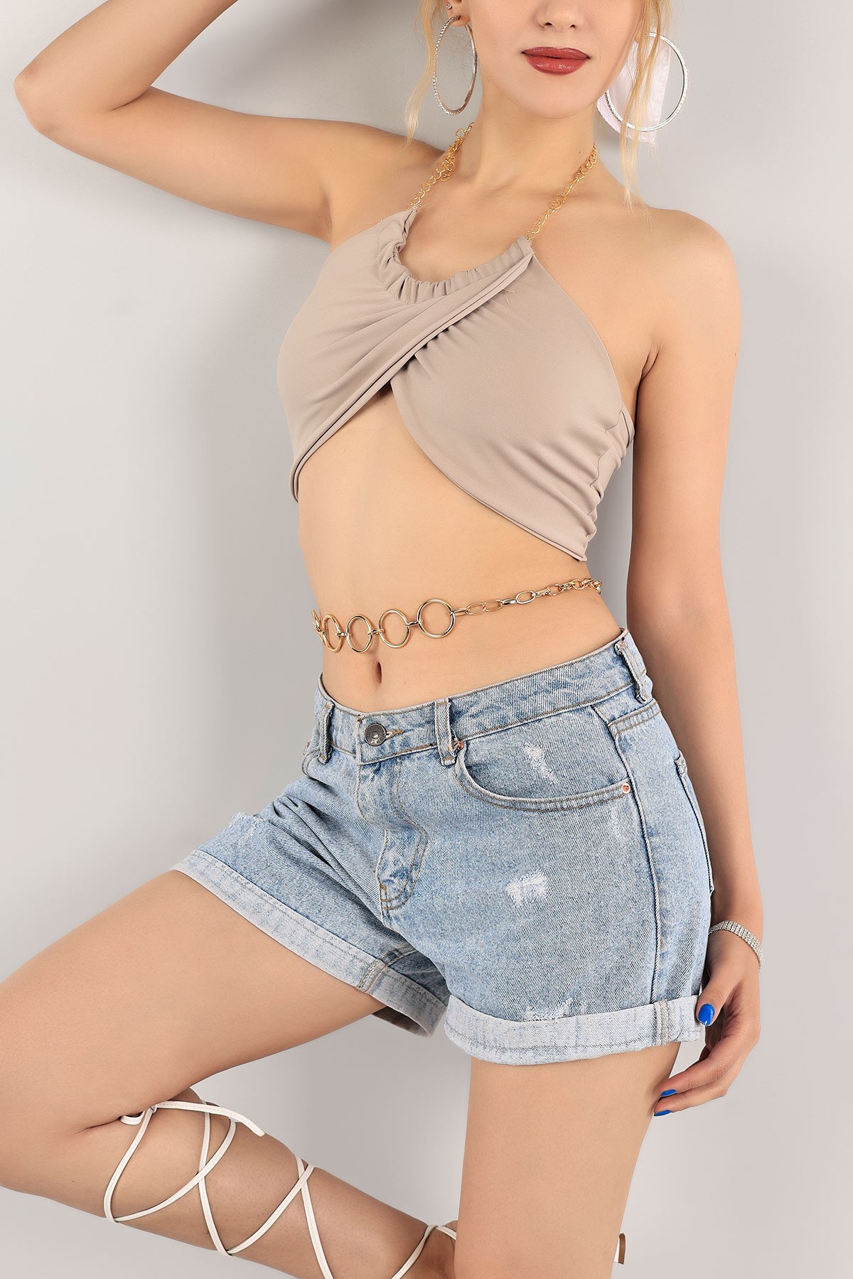 Bej Sandy Kumaş Crop Bluz 117799