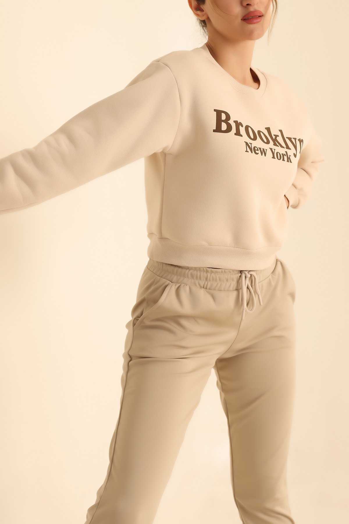 Bej Şardonlu Baskılı Bayan Sweat 219372