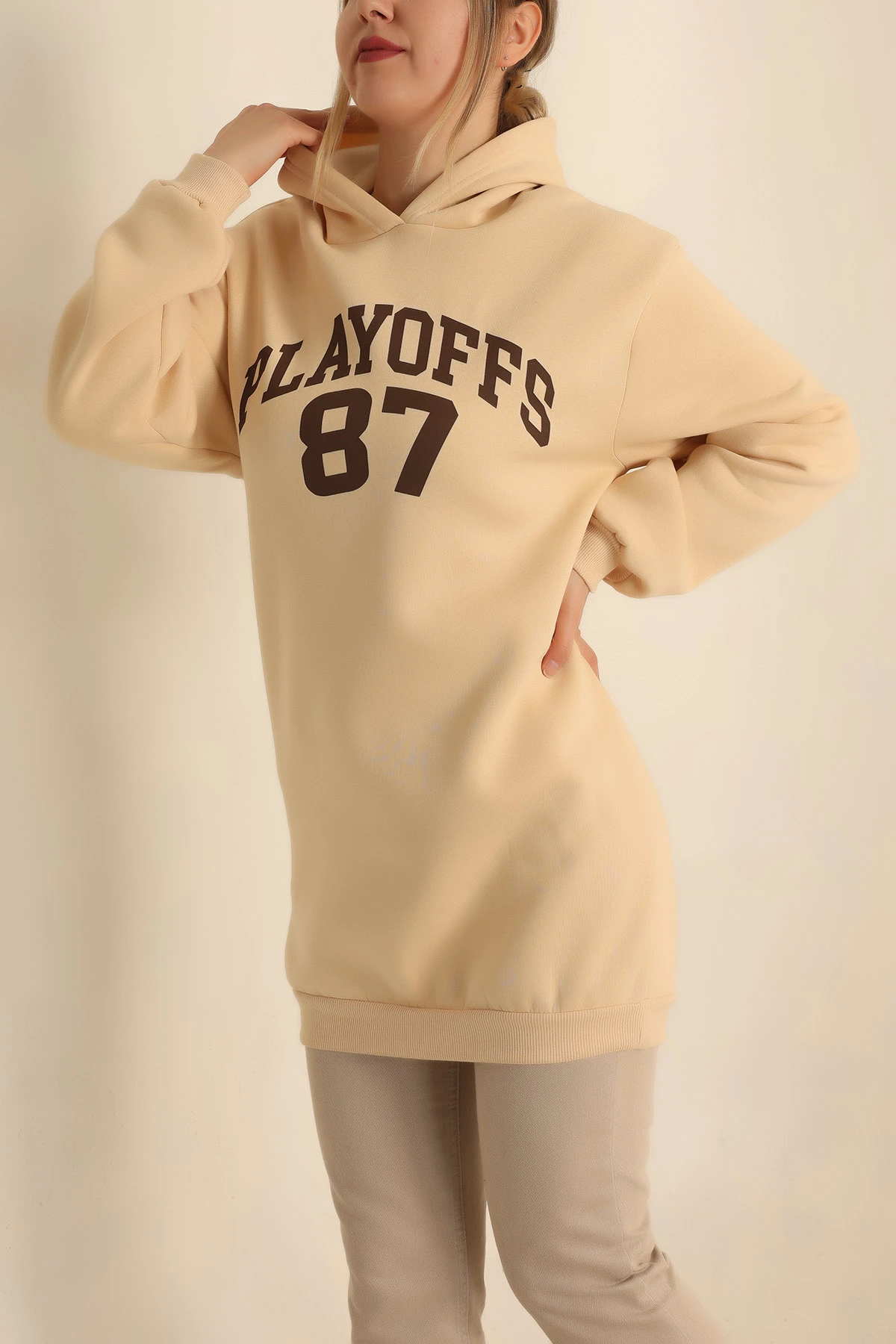 Bej Şardonlu Baskılı Sweat Tunik 228101