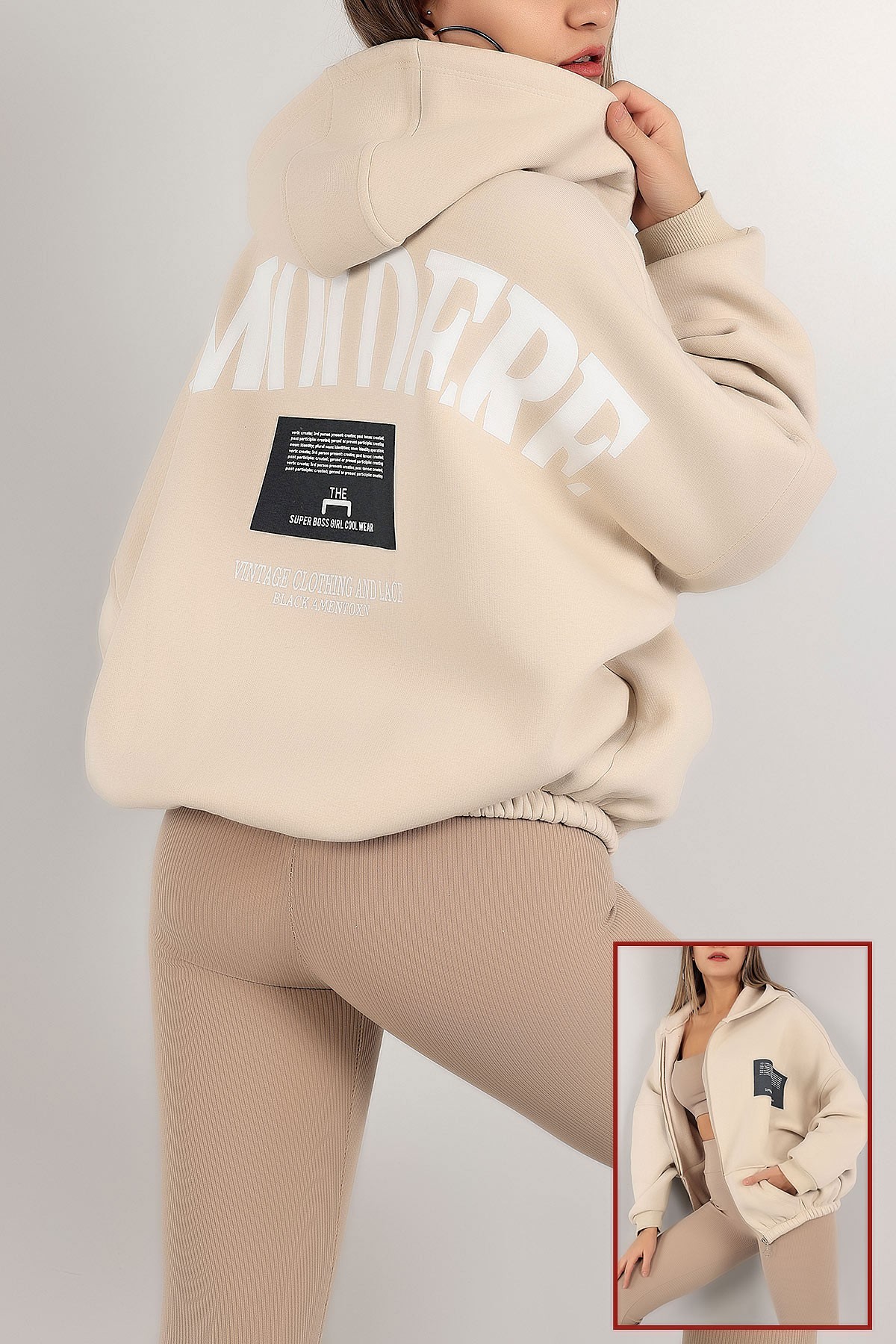 Bej Şardonlu Bayan Fermuarlı Sweat 143468