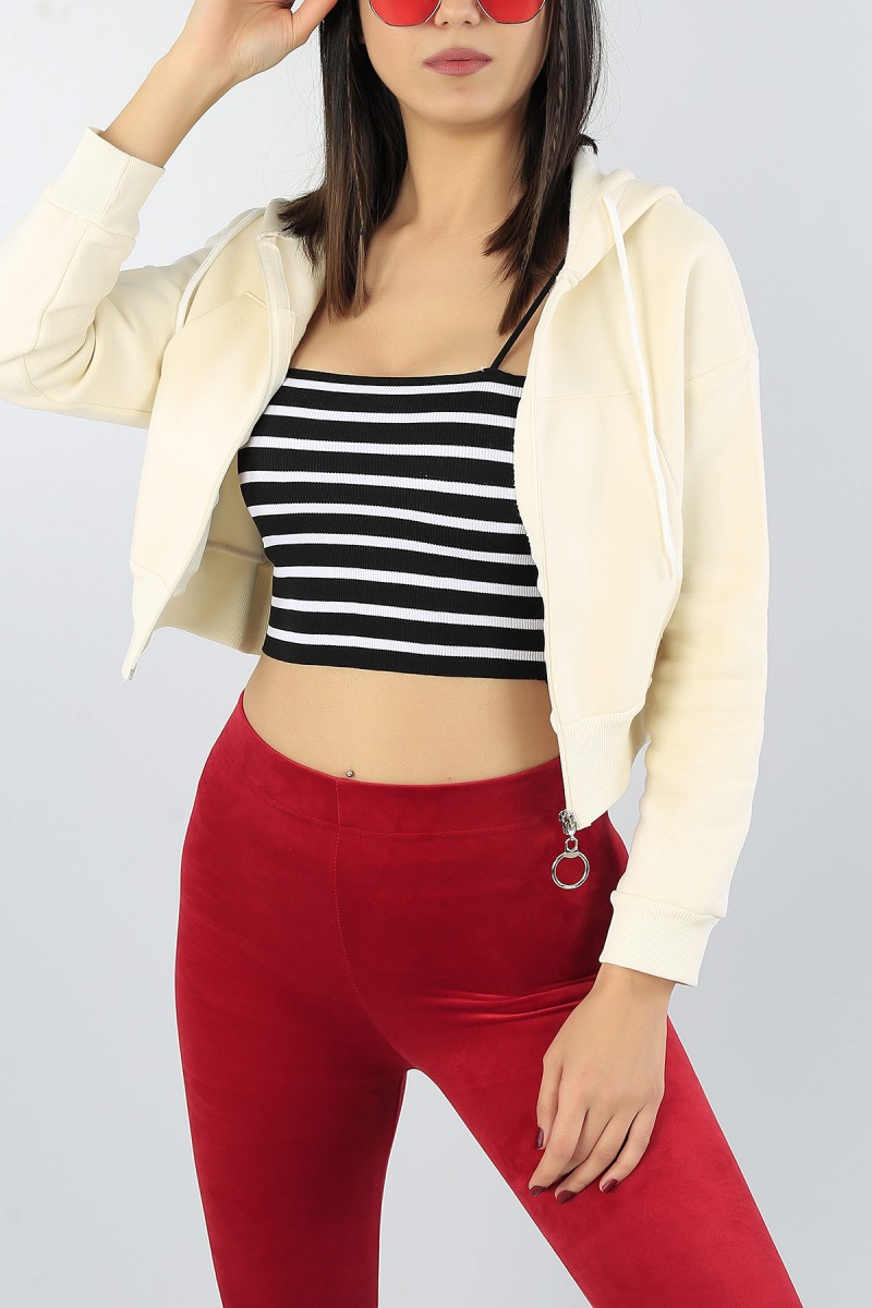 Bej Şardonlu Crop Bayan Sweat 51711