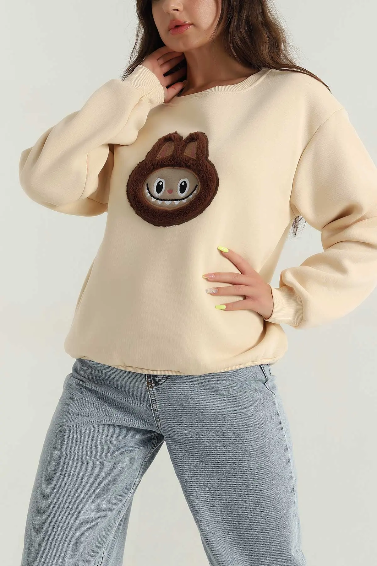 Bej Şardonlu Nakışlı Üç İp Kadın Sweat 391620