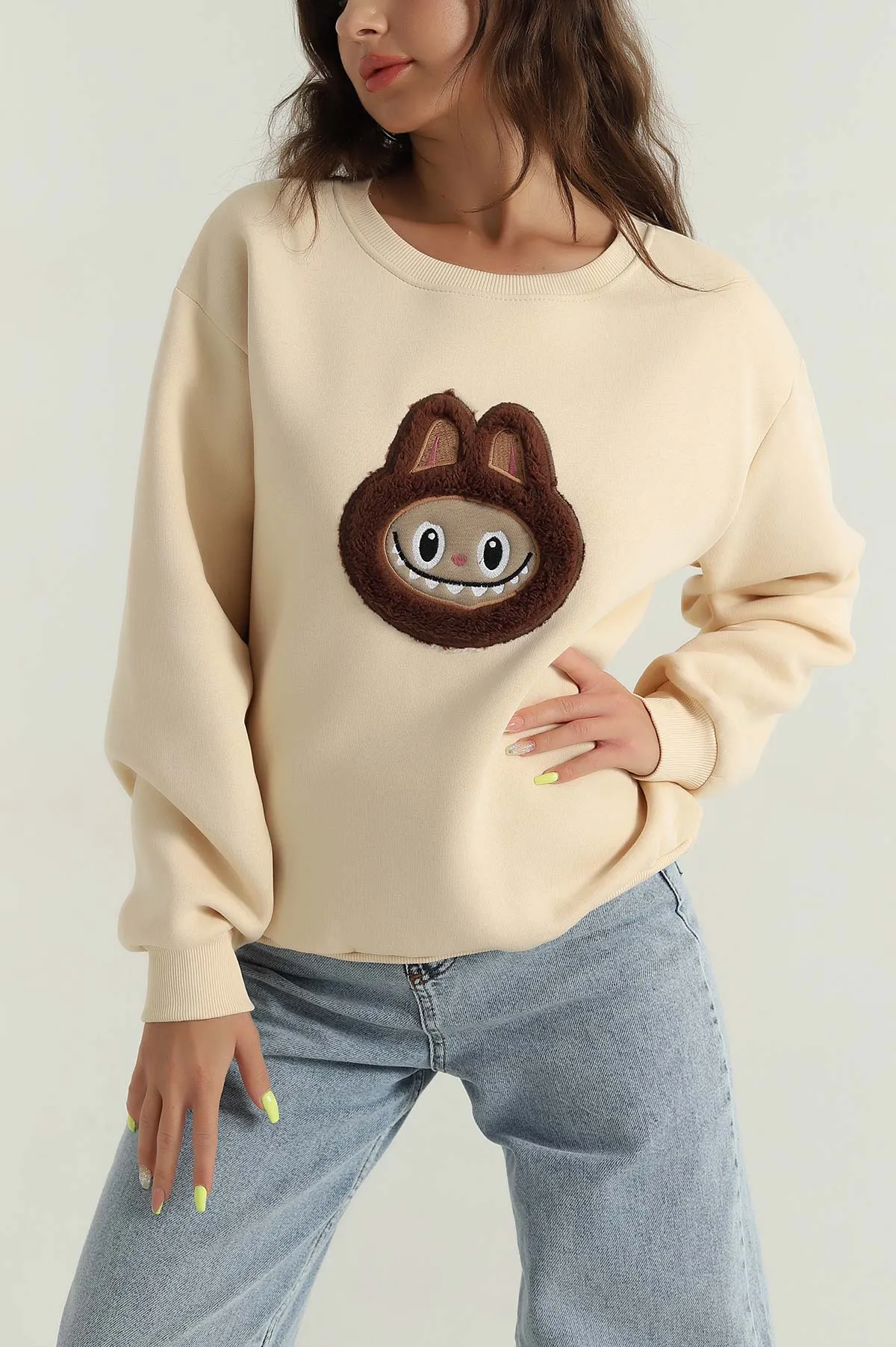 Bej Şardonlu Nakışlı Üç İp Kadın Sweat 391620