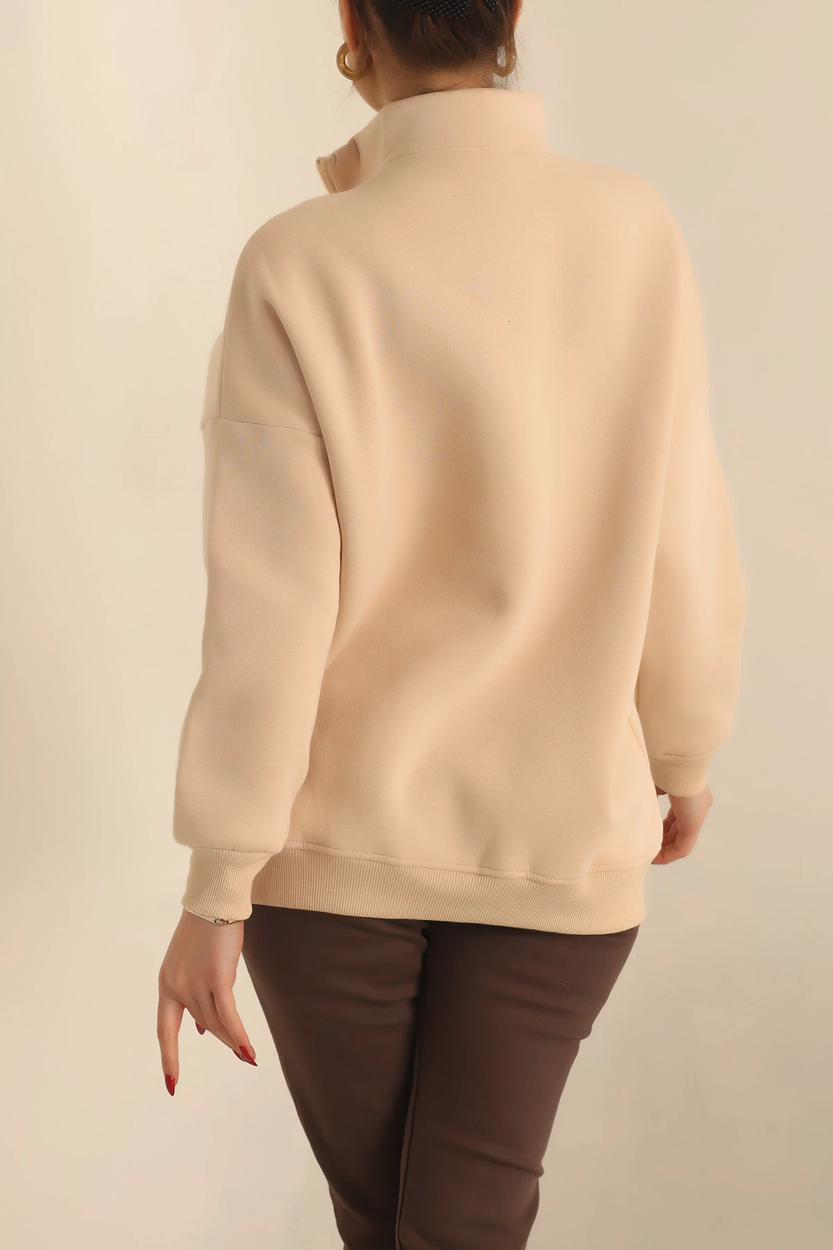 Bej Şardonlu Yarım Fermuar Oversize Sweat 229541