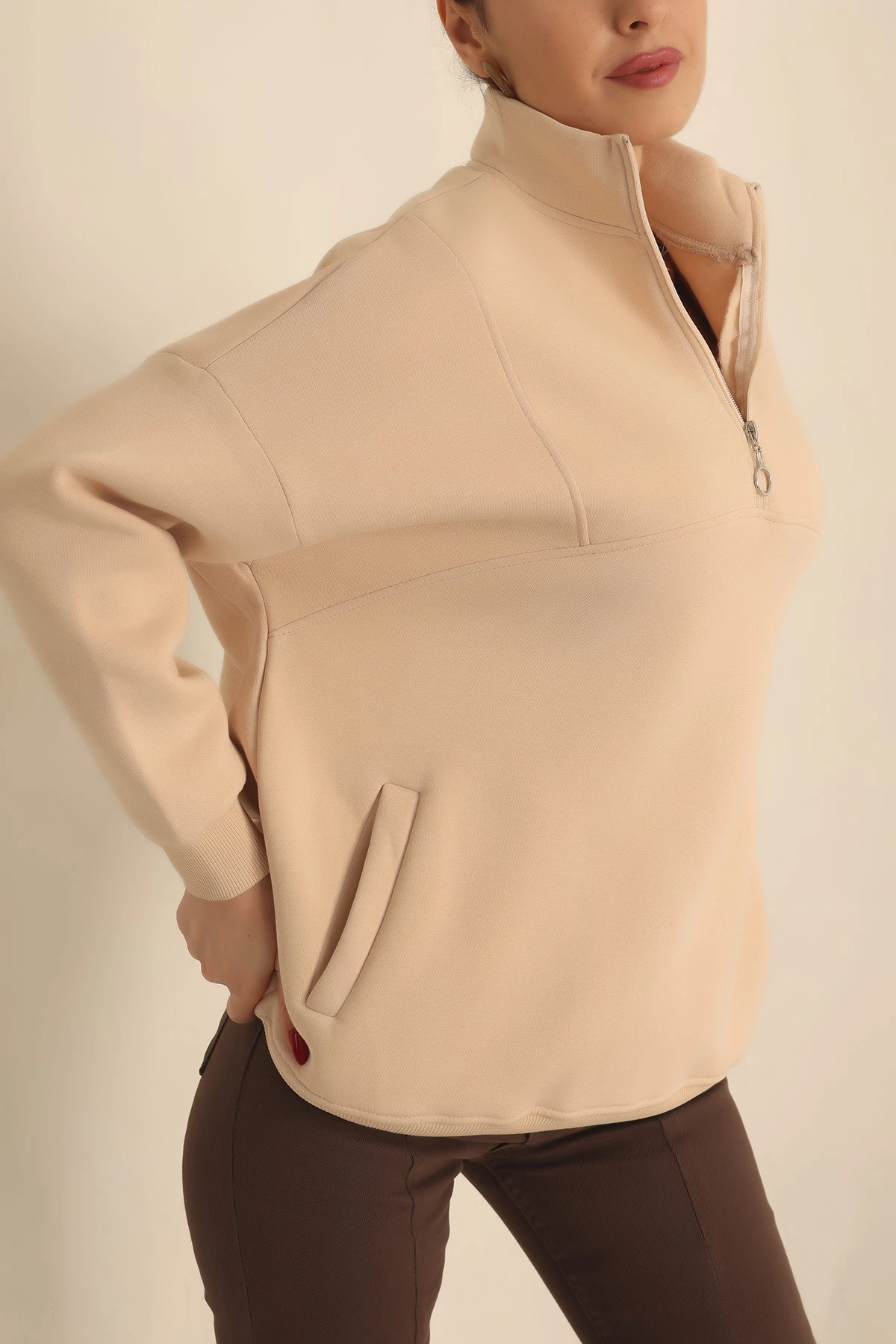 Bej Şardonlu Yarım Fermuar Oversize Sweat 229541