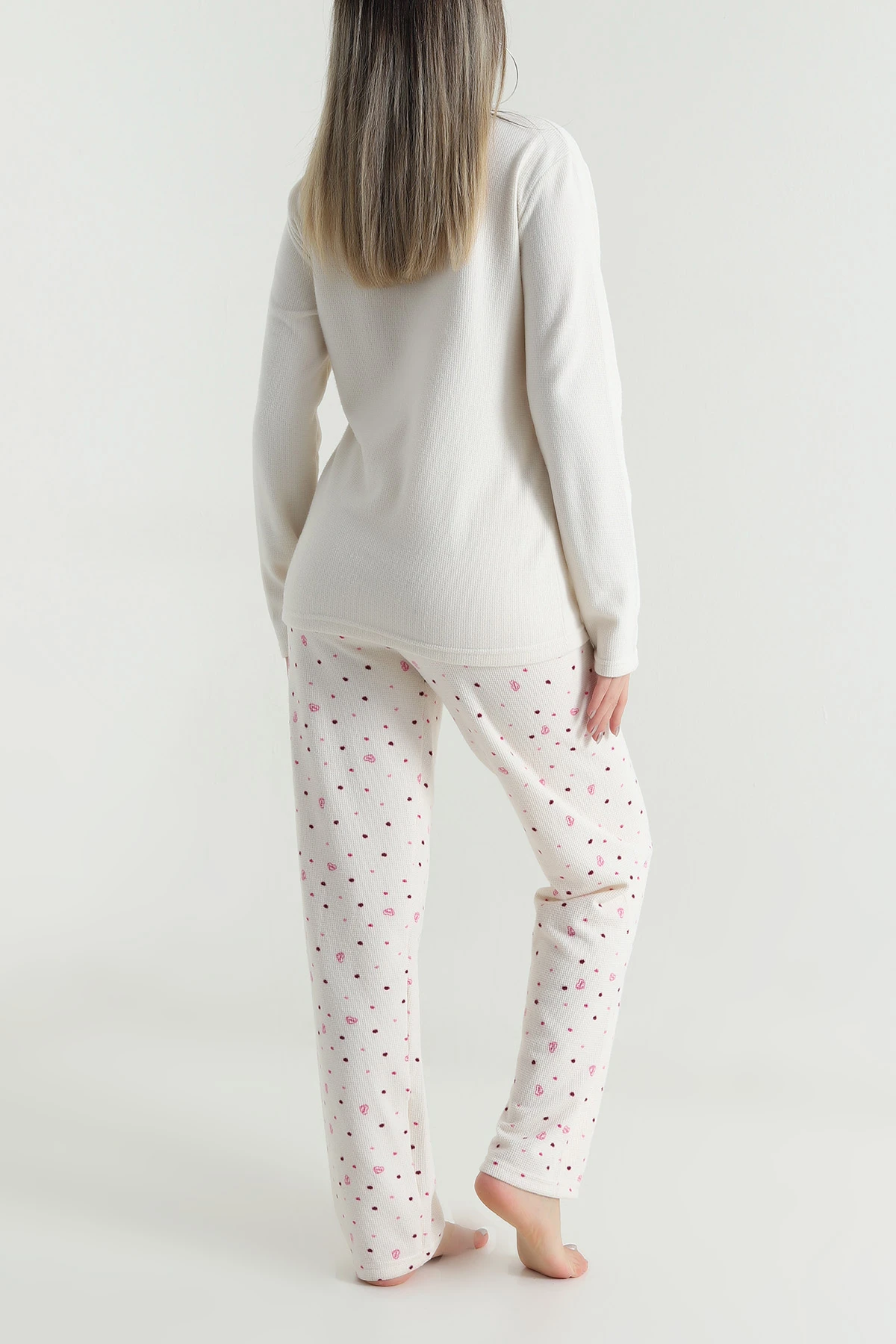 Bej Sıfır Yaka Waffele Kadın Pijama Takımı 488901