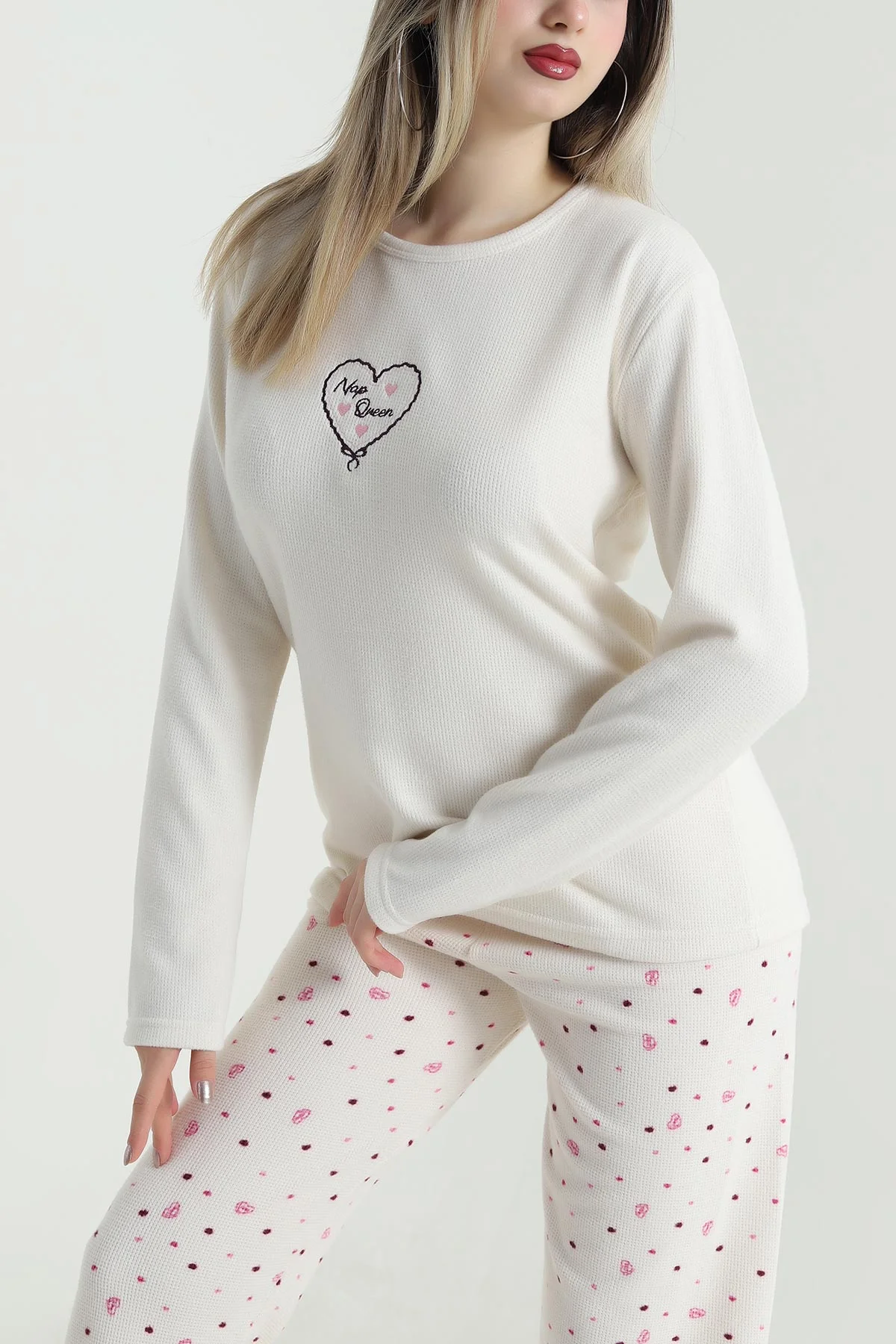 Bej Sıfır Yaka Waffele Kadın Pijama Takımı 488901