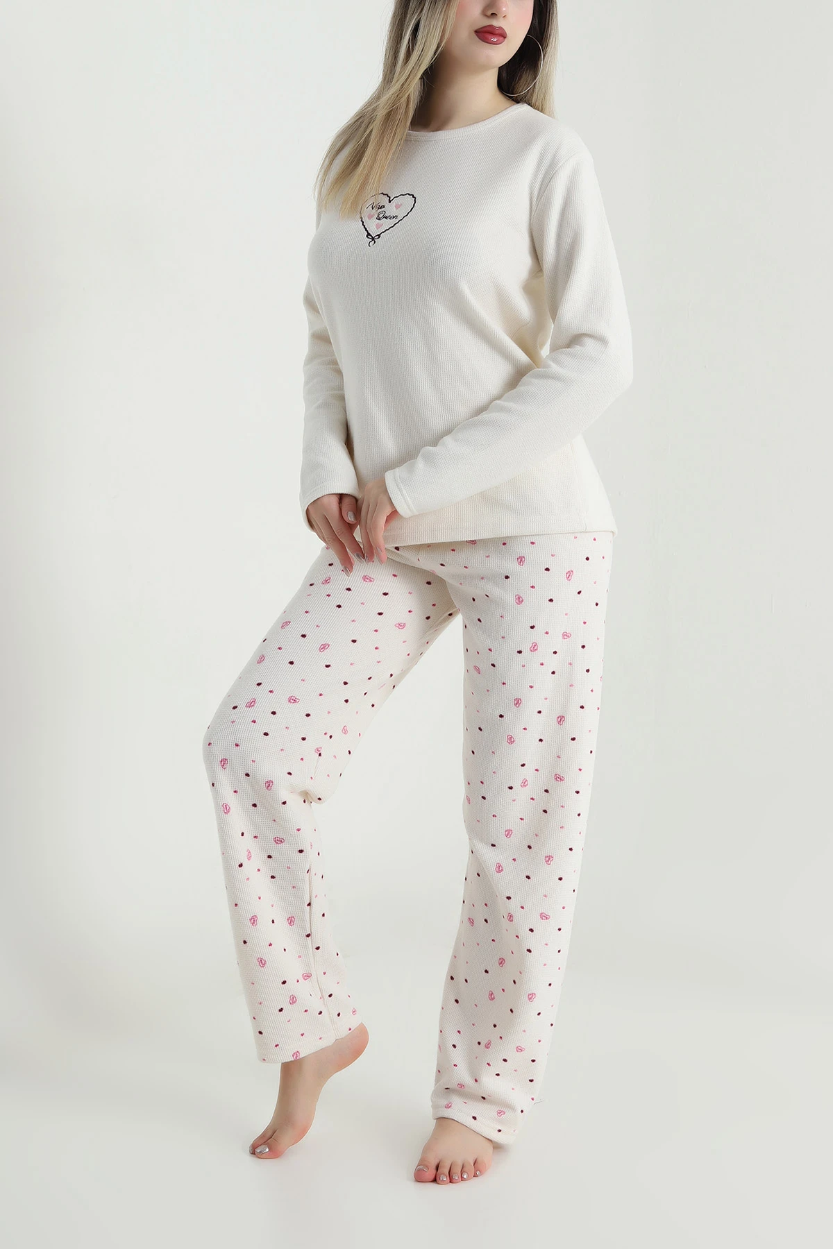 Bej Sıfır Yaka Waffele Kadın Pijama Takımı 488901