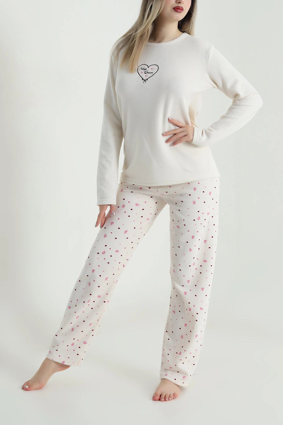 Bej Sıfır Yaka Waffele Kadın Pijama Takımı 488901