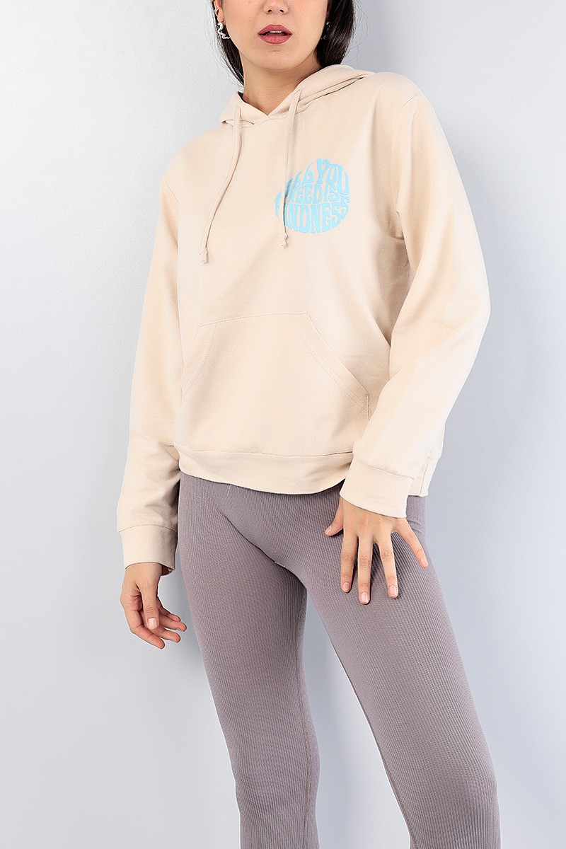 Bej Sırt Baskılı Bayan Sweat 76196