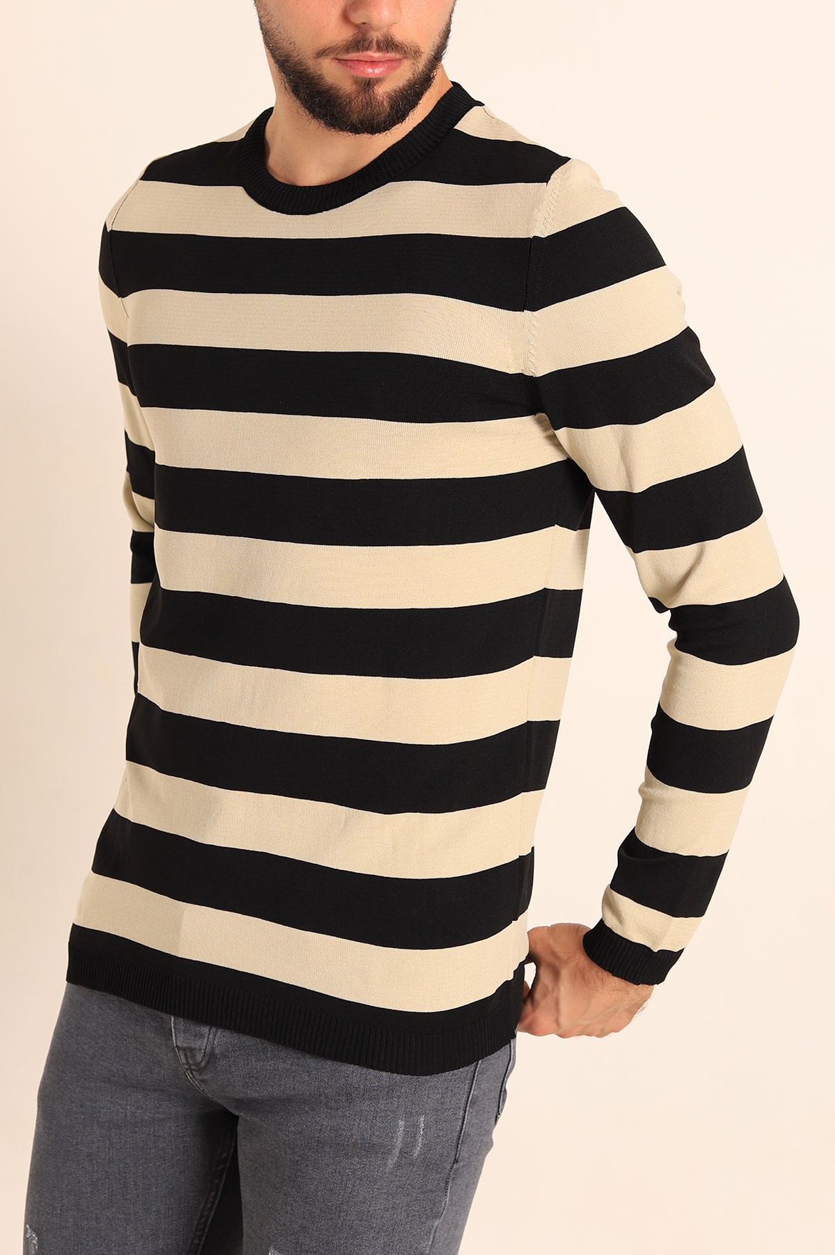 Bej Siyah Regular Fit Çizgili Triko Kazak 213864