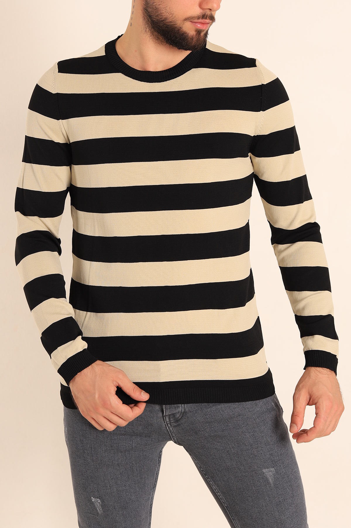 Bej Siyah Regular Fit Çizgili Triko Kazak 213864
