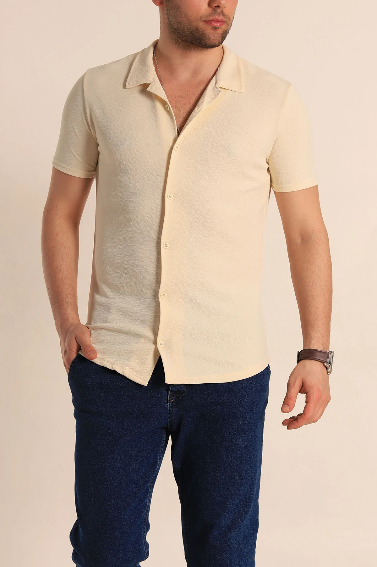 Bej Slim Fit Apaş Yaka Erkek Krep Gömlek 260928