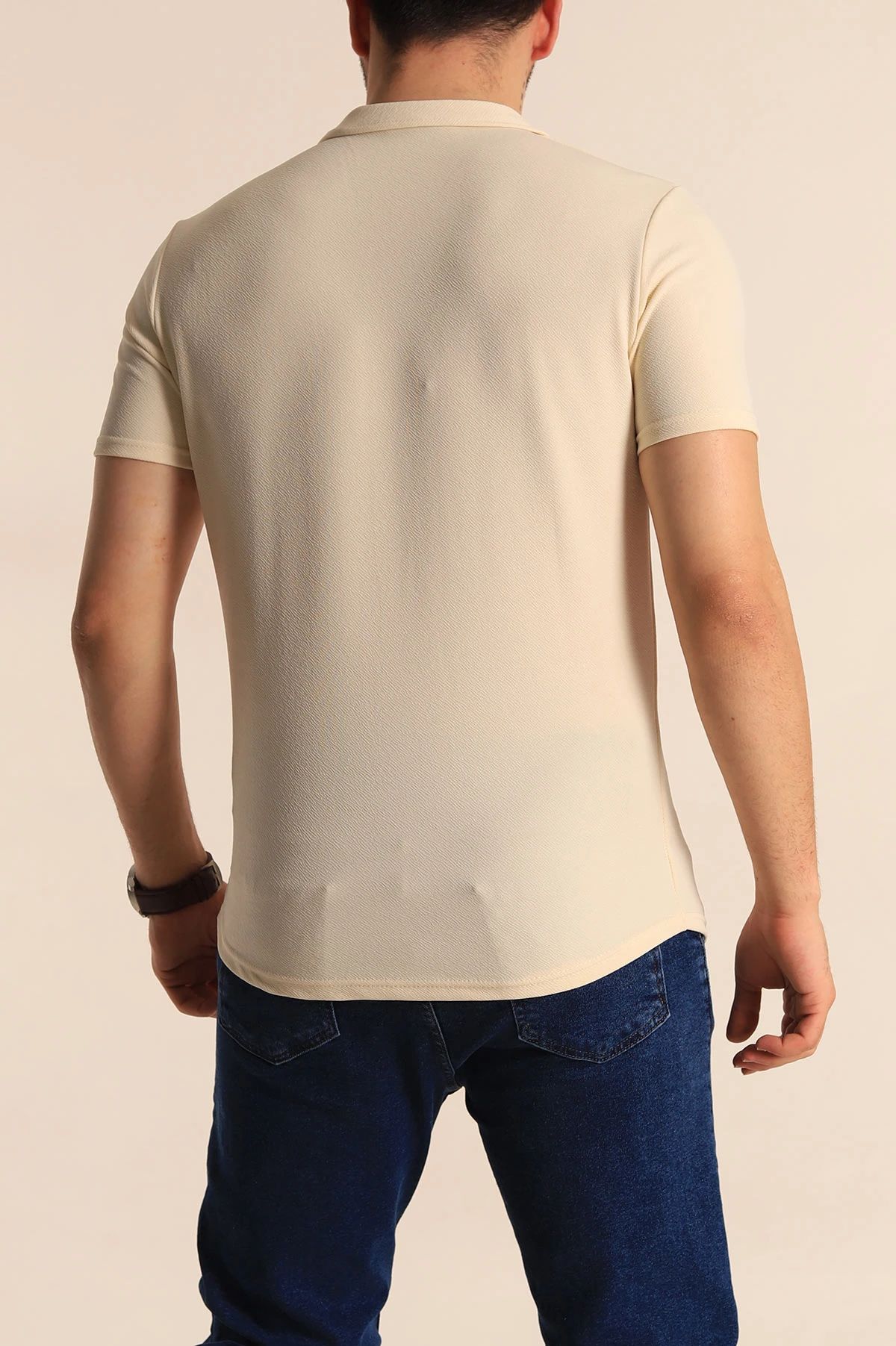 Bej Slim Fit Apaş Yaka Erkek Krep Gömlek 260928