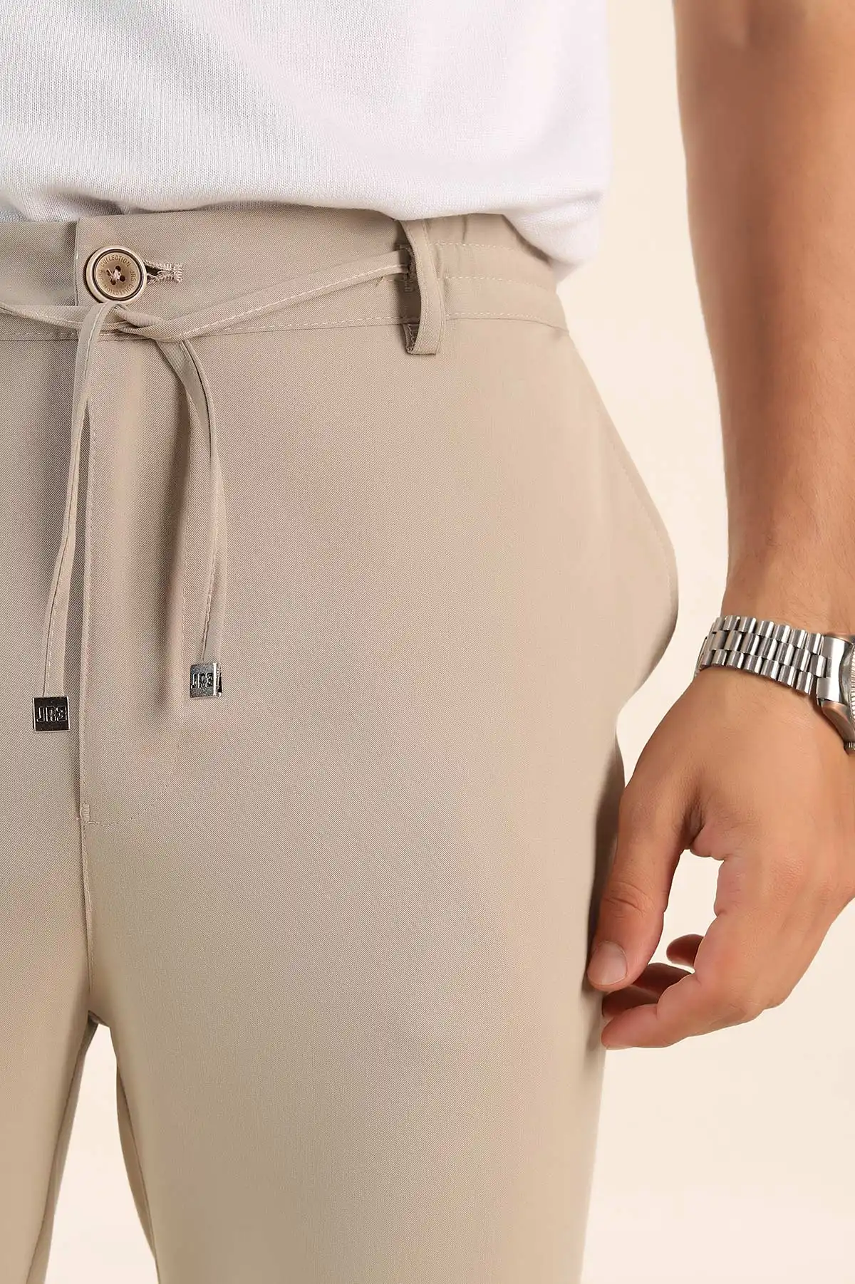 Bej Slim Fit Bel Lastikli Duble Paça Erkek Jogger Pantolon 380947