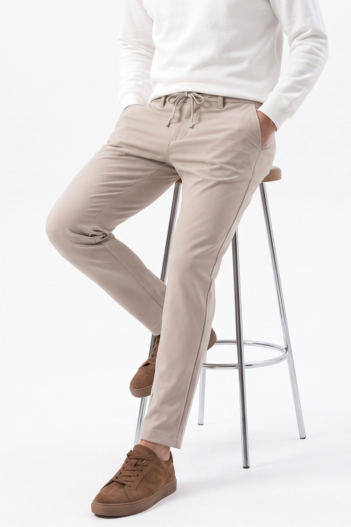 Bej Slim Fit Belden Bağlamalı Erkek Pantolon 493278