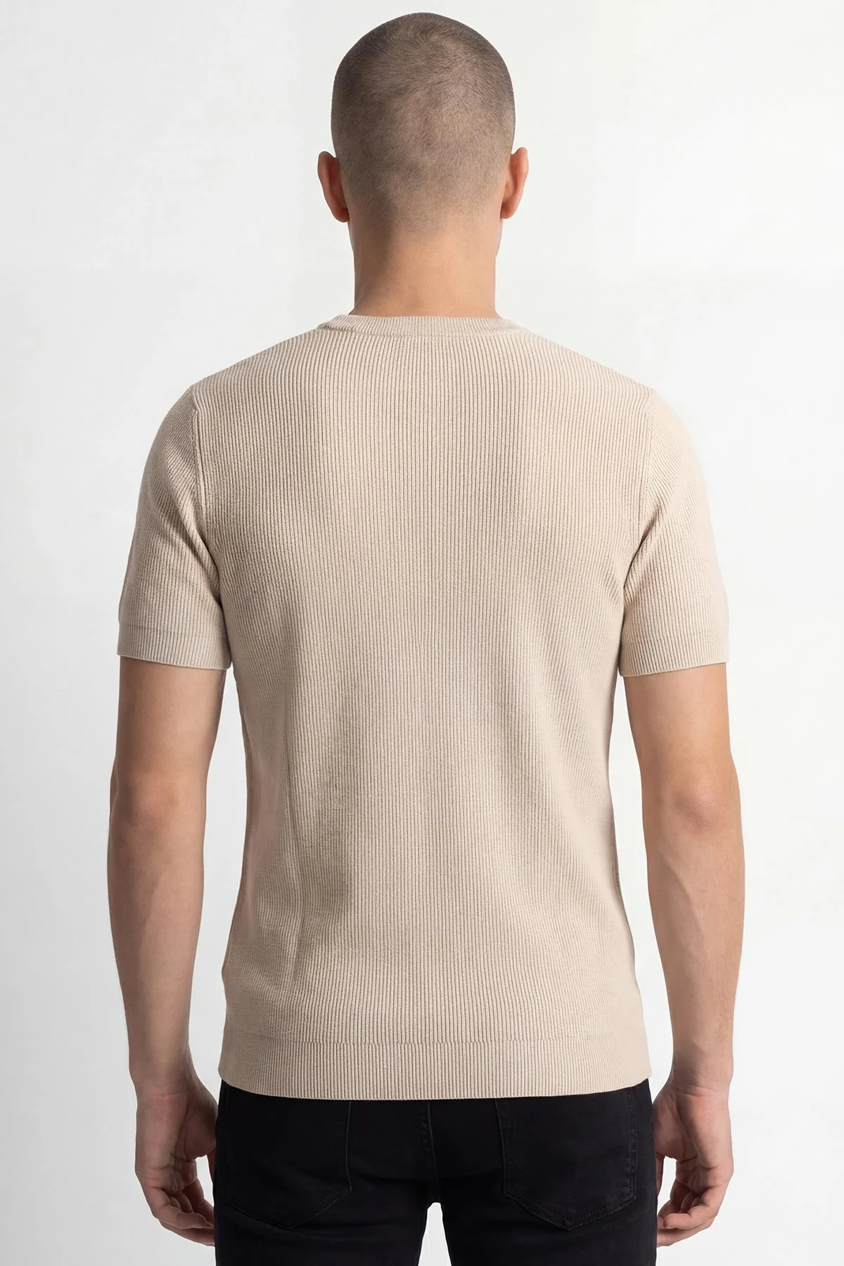 Bej Slim Fit Bisiklet Yaka Triko Erkek Tişört 449042