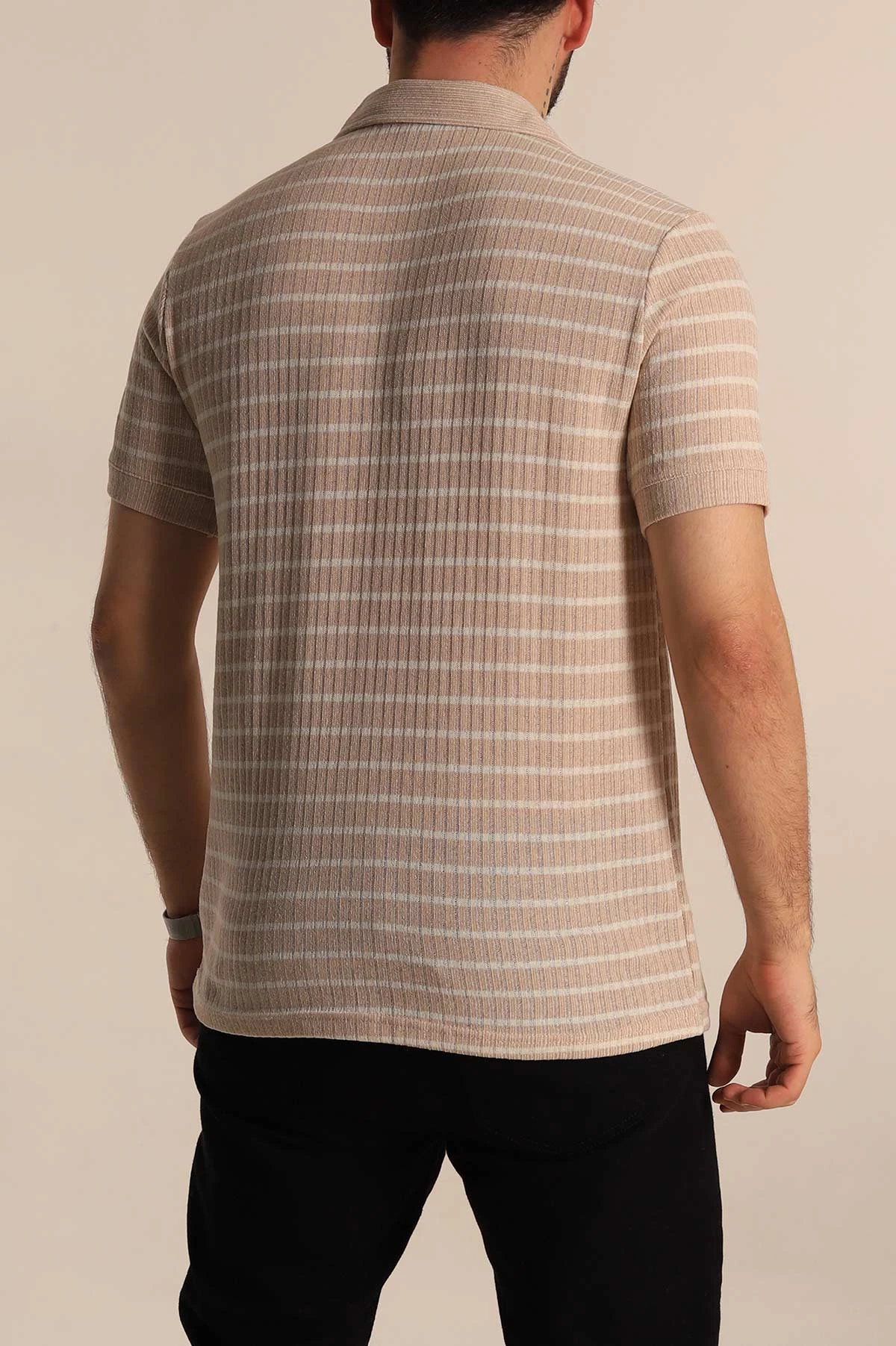Bej Slim Fit Çizgili Polo Yaka Erkek Tişört 276014