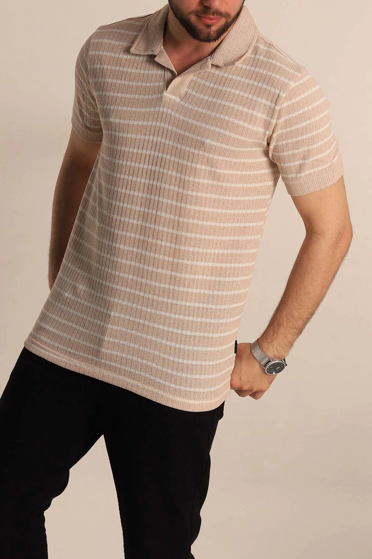 Bej Slim Fit Çizgili Polo Yaka Erkek Tişört 276014