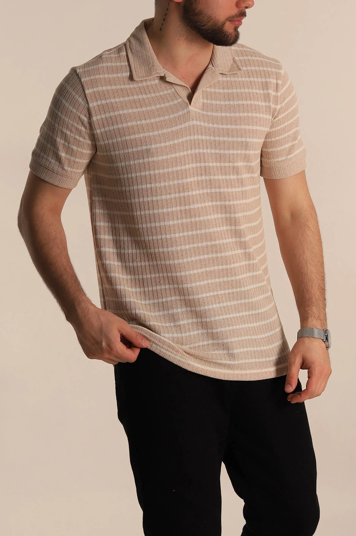 Bej Slim Fit Çizgili Polo Yaka Erkek Tişört 276014