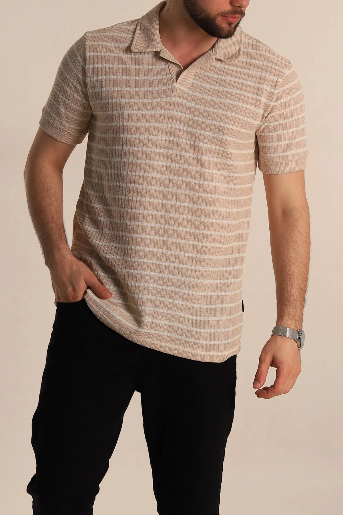 Bej Slim Fit Çizgili Polo Yaka Erkek Tişört 276014
