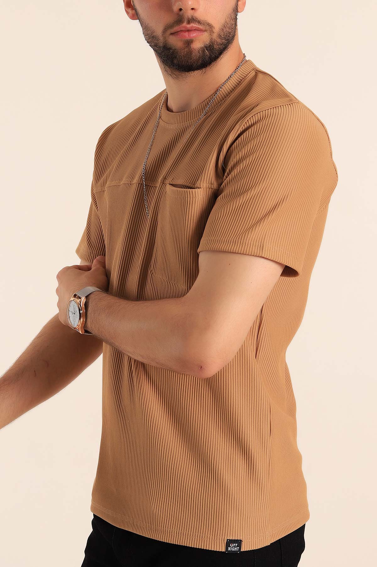 Bej Slim Fit Fitilli Doku Cepli Erkek Tişört 190184
