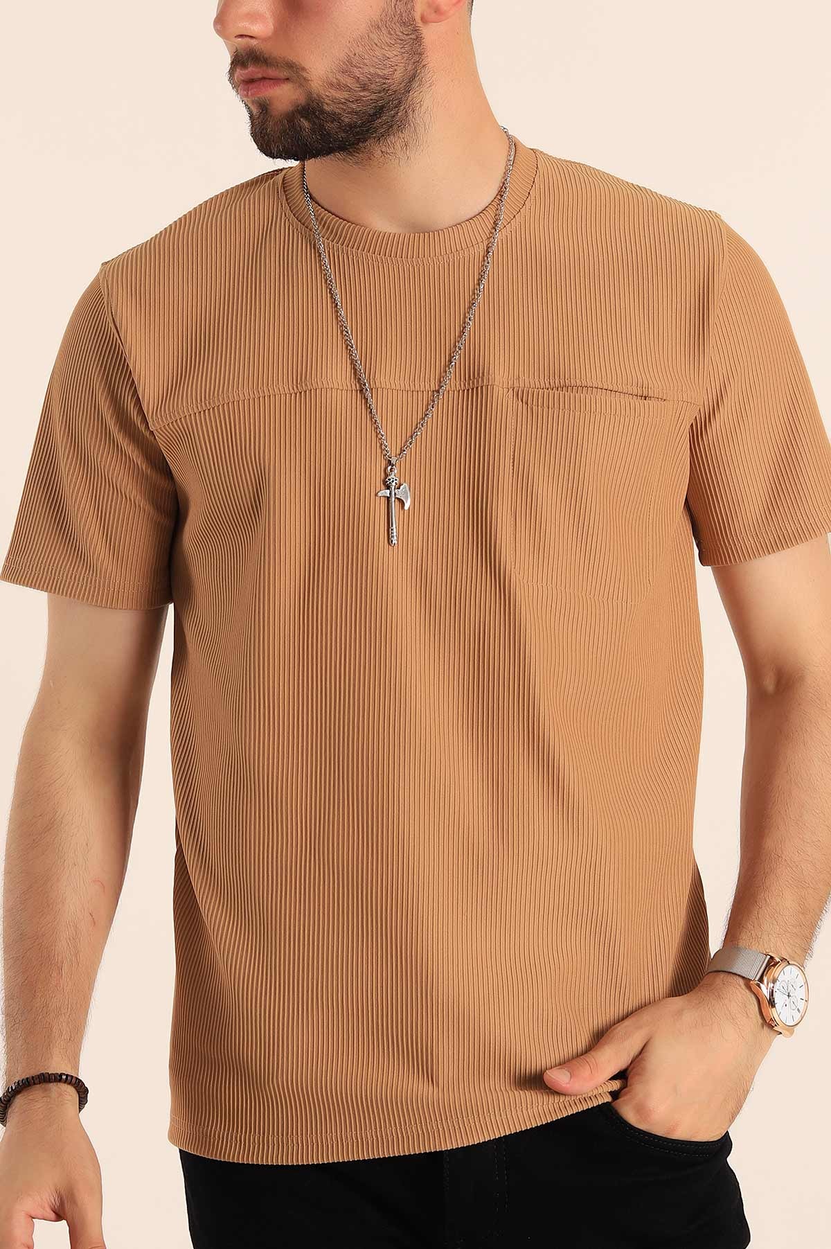 Bej Slim Fit Fitilli Doku Cepli Erkek Tişört 190184